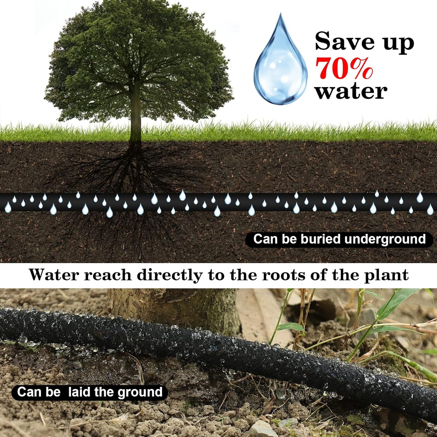 Soaker Hose 100 FT Pro for Garden Beds 1/2 Inch Rubber Longer Lasting Drip Irrigation Save 70% of Water Various Accessories Great for Lawn and Yard