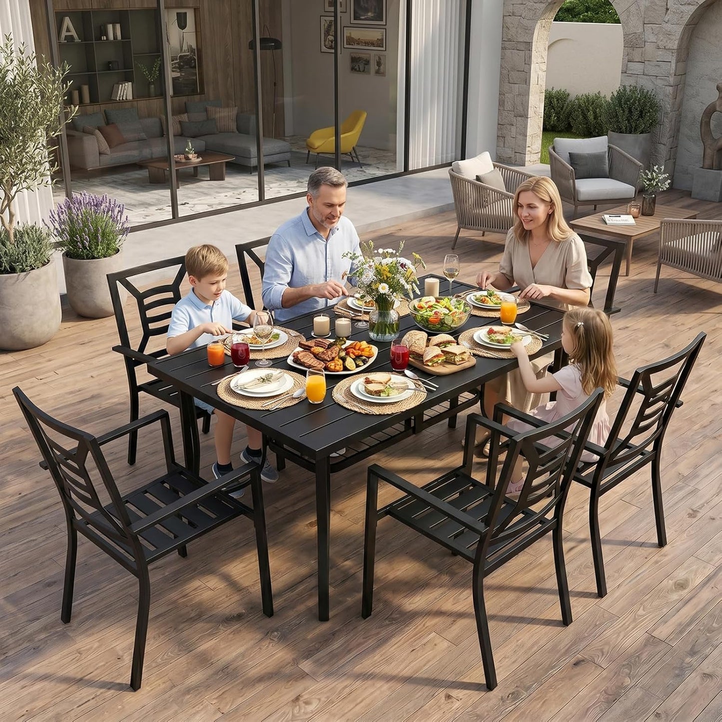 7 Piece Outdoor Patio Dining Sets, 60" Rectangular Metal Dining Table with Umbrella Hole & 6 Stackable Metal Chairs, Weather Resistant Garden Furniture Set for Backyard, Deck, Porch