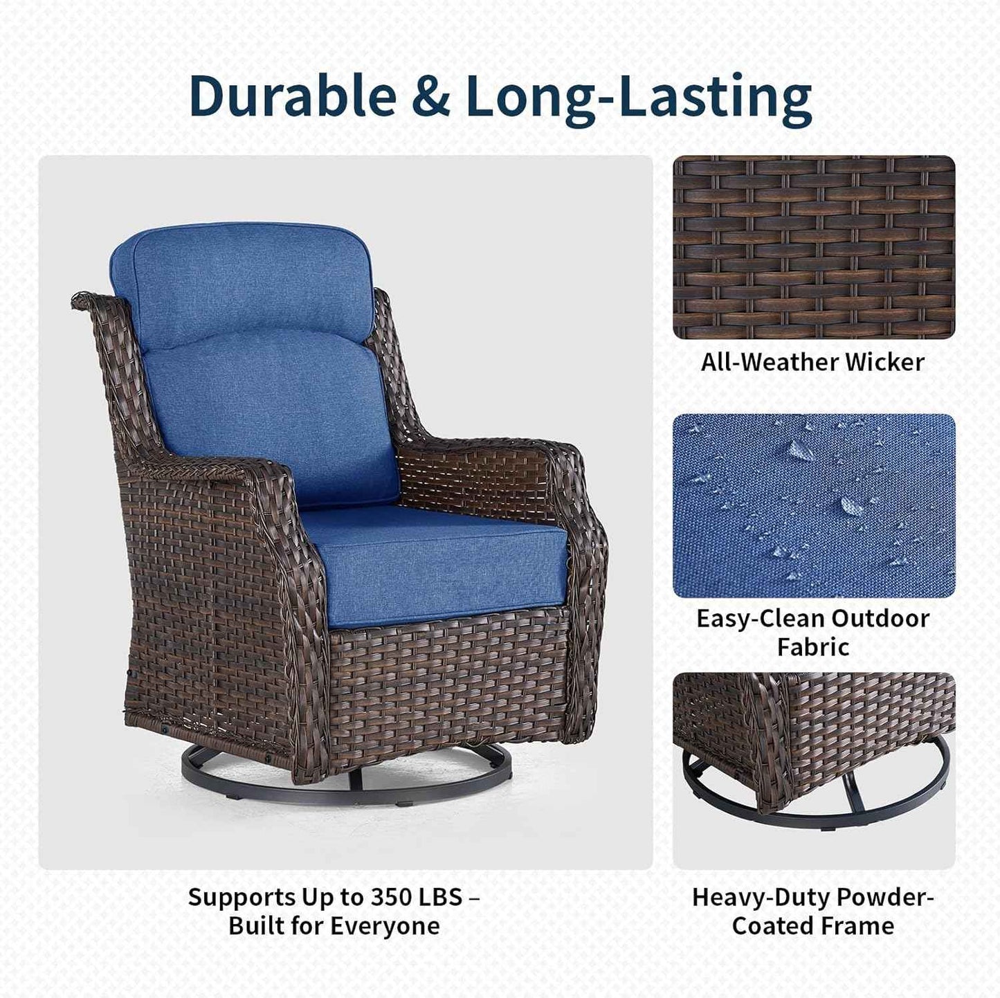 Outdoor Wicker Swivel Rocker Chair with 6-Inch Thick Cushions, High Back Patio Glider Chair, 360° Swivel & Rocking Motion for Porch, Deck, Balcony, Poolside, Brown/Blue