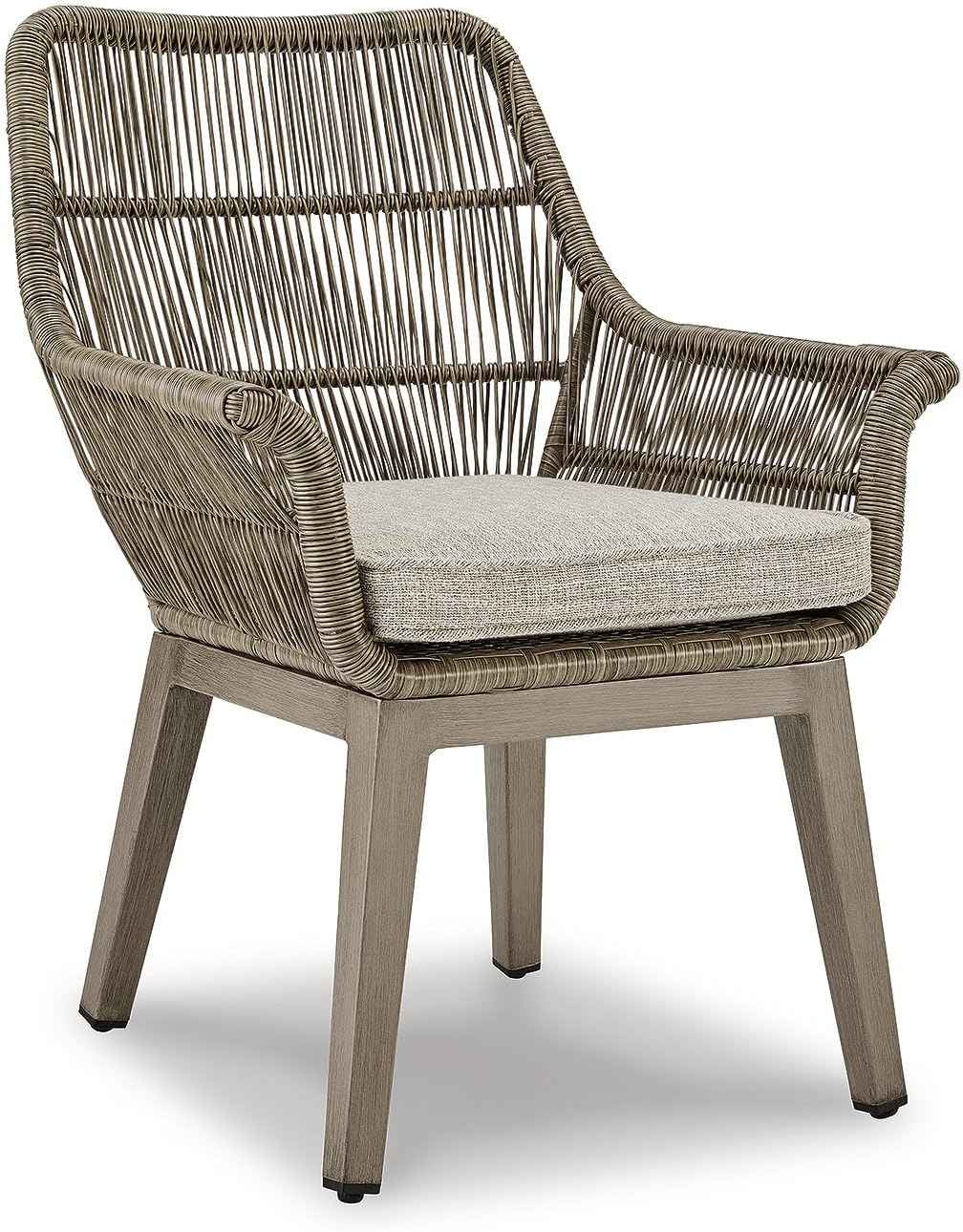 Signature Design by Ashley Beach Front Casual Outdoor Arm Chair with All-Weather Cushion, Set of 2, Resin Wicker with Aluminum Frame, 18.5" Seat Height, Beige
