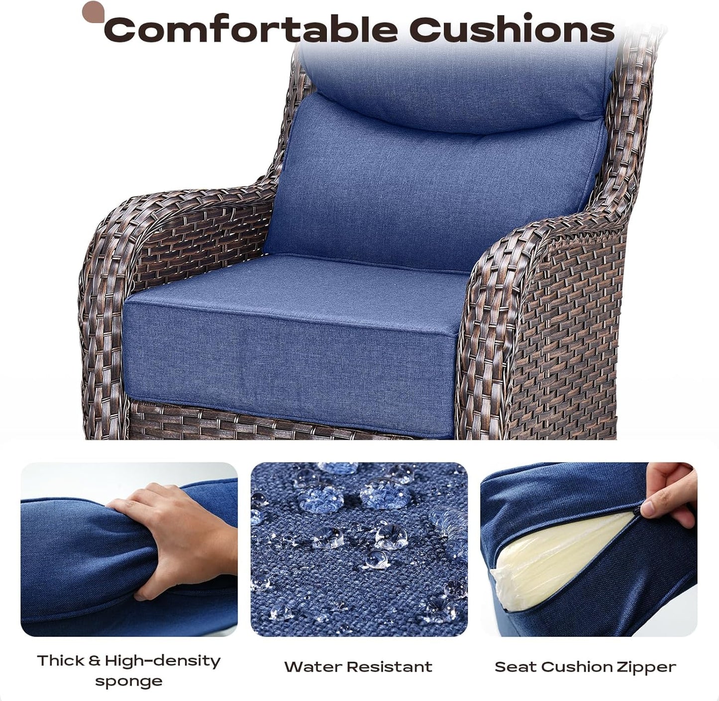 Wicker Outdoor Patio Furniture Set - 4 Piece Patio Conversation Set with Swivel Rocker Chairs and Ottomans, 6 inch Cushions, High Back, Deep Seating, for Porch Deck Garden Brown/Blue