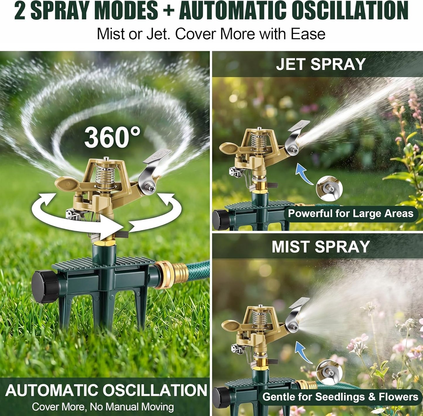 Heavy Duty Impact Sprinkler for Yard Large Area, 360° Brass Pulsating Sprinkler, Includes 3 Stackable Extension Risers, Long Range Lawn & Garden Water Sprinklers(Metal Spike Base)