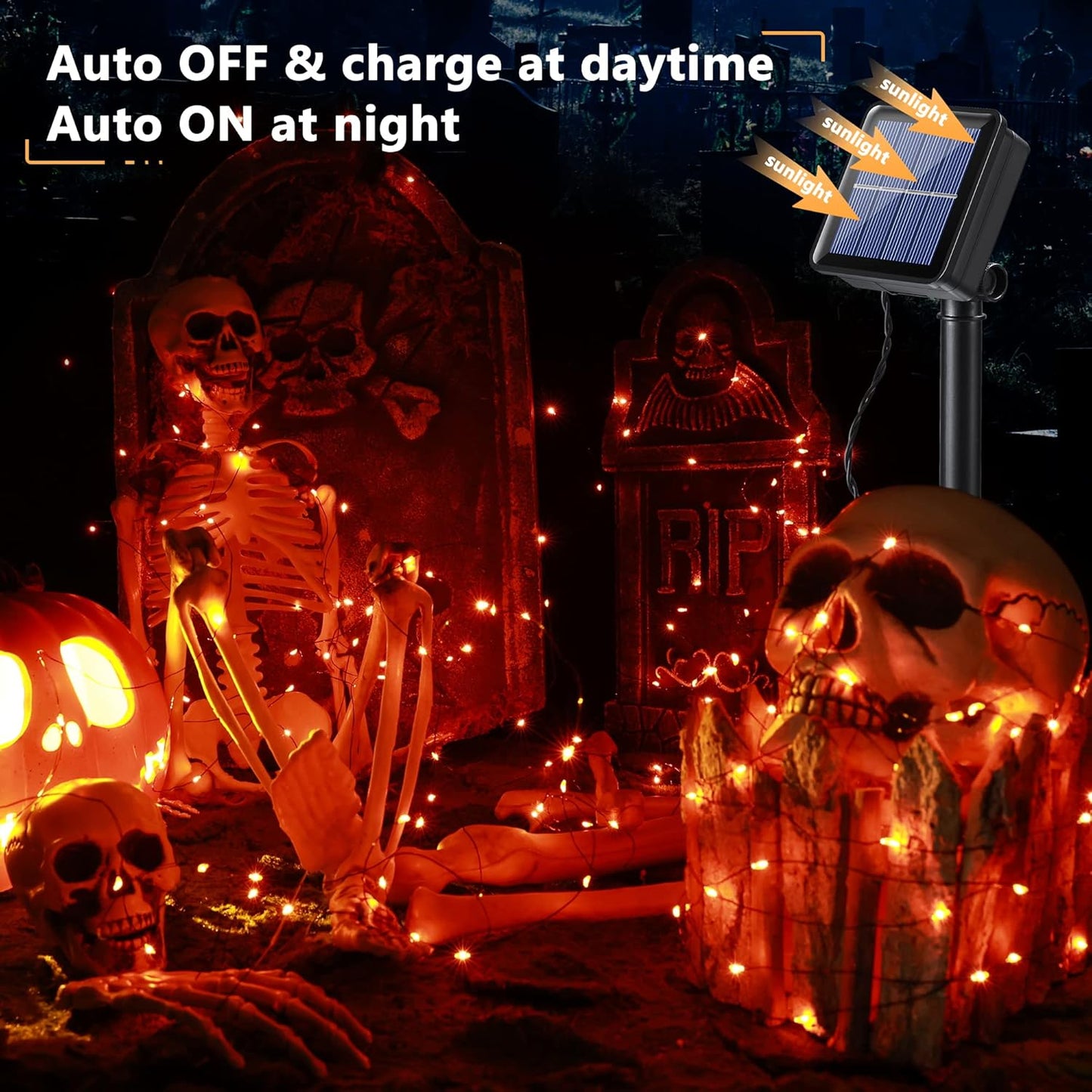 Brizled Orange Fairy Lights, 2 Pack Total 78FT 240 LED Solar Halloween Fairy Lights, 8 Modes Outdoor Halloween Lights, Waterproof Orange Twinkle Light for Outside Party Yard Decor Black Wire