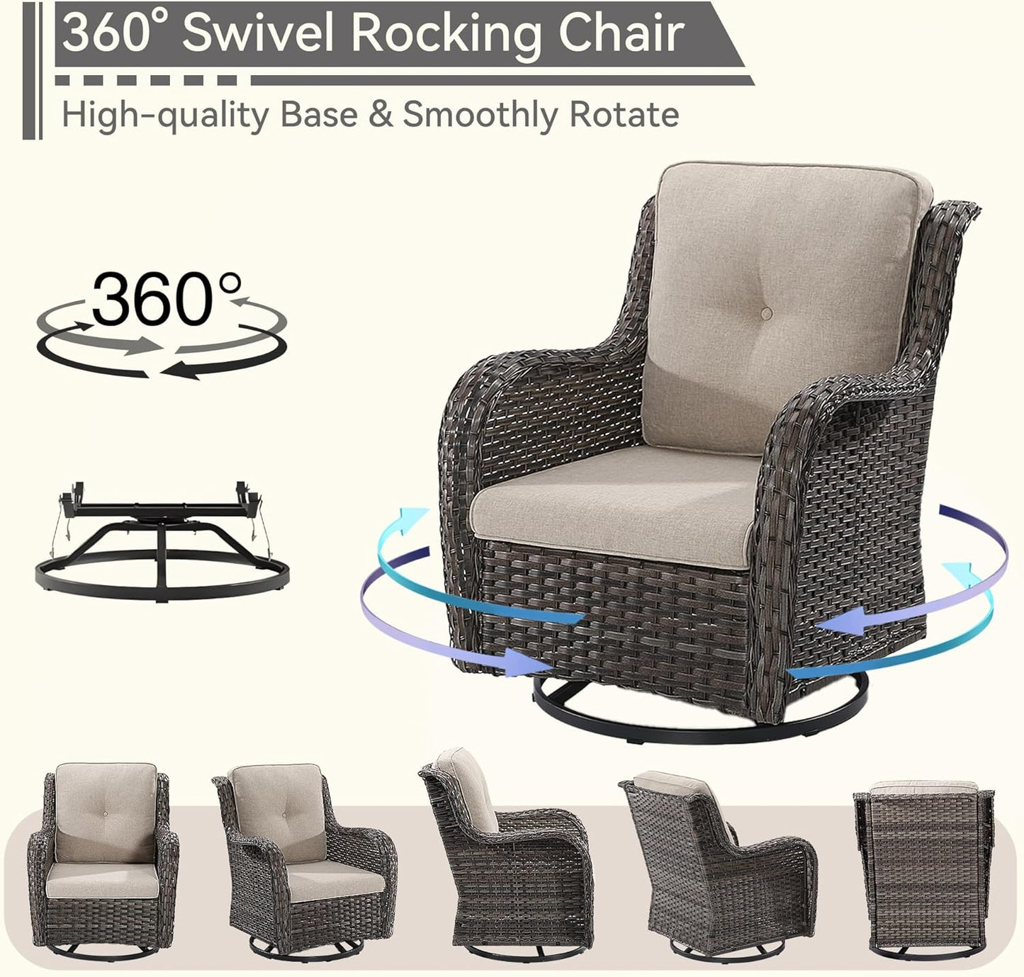 3 Pieces Outdoor Furniture Set - Patio Wicker Swivel Rocker Chair Set of 2 and 1 Side Table, Beige, Mixed Brown Rattan, Suitable for Porch, Yard