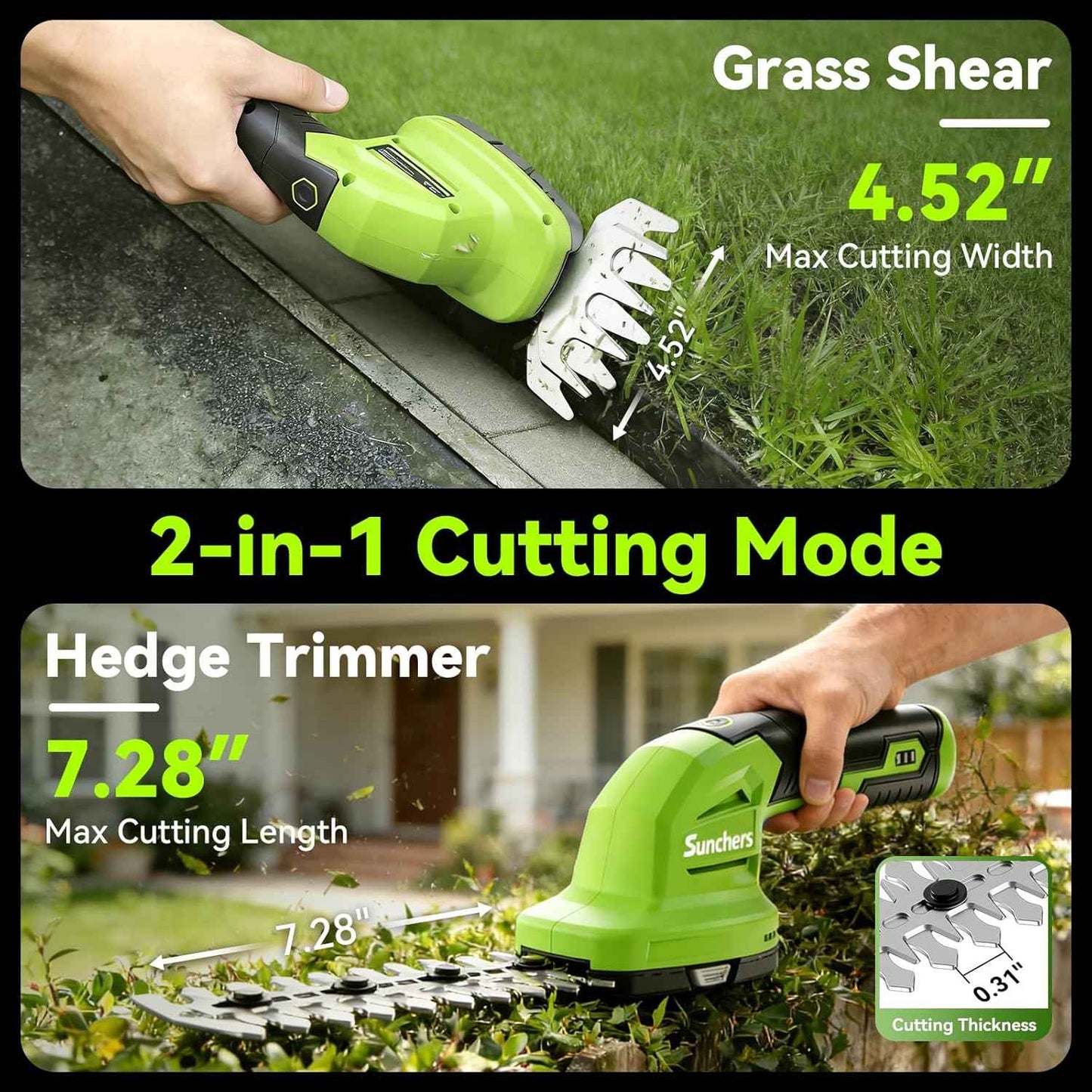 2 in 1 Hedge Trimmer Cordless, 7.2V Electric Grass Cutter Hedge Shears, Handheld Shrub Bush Trimmer, Lightweight Grass Shears, Rechargeable Yard Tool Battery and Type-C Cable, Father Day for Dad