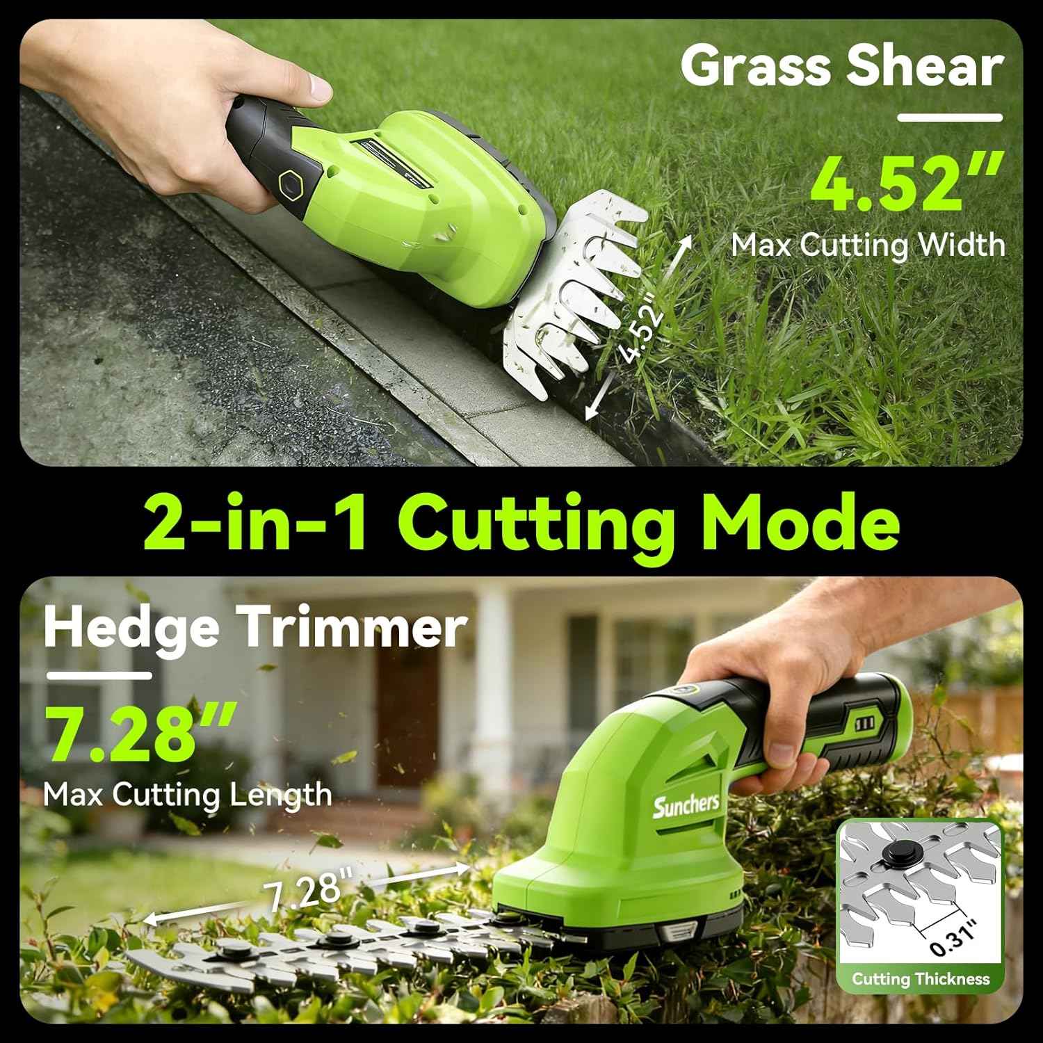 2 in 1 Hedge Trimmer Cordless, 7.2V Electric Grass Cutter Hedge Shears, Handheld Shrub Bush Trimmer, Lightweight Grass Shears, Rechargeable Yard Tool Battery and Type-C Cable, Father Day for Dad
