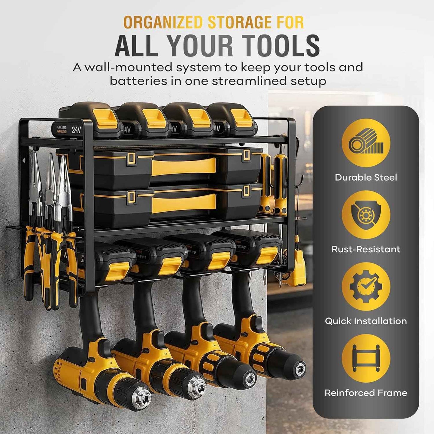 Power Tool Organizer Wall Mount - Garage Wall Tool Organizer with Drill Holder, Tool Storage Organizer, Heavy Duty Metal Shelf, Wall Mount Organizer for Garage & Workshop