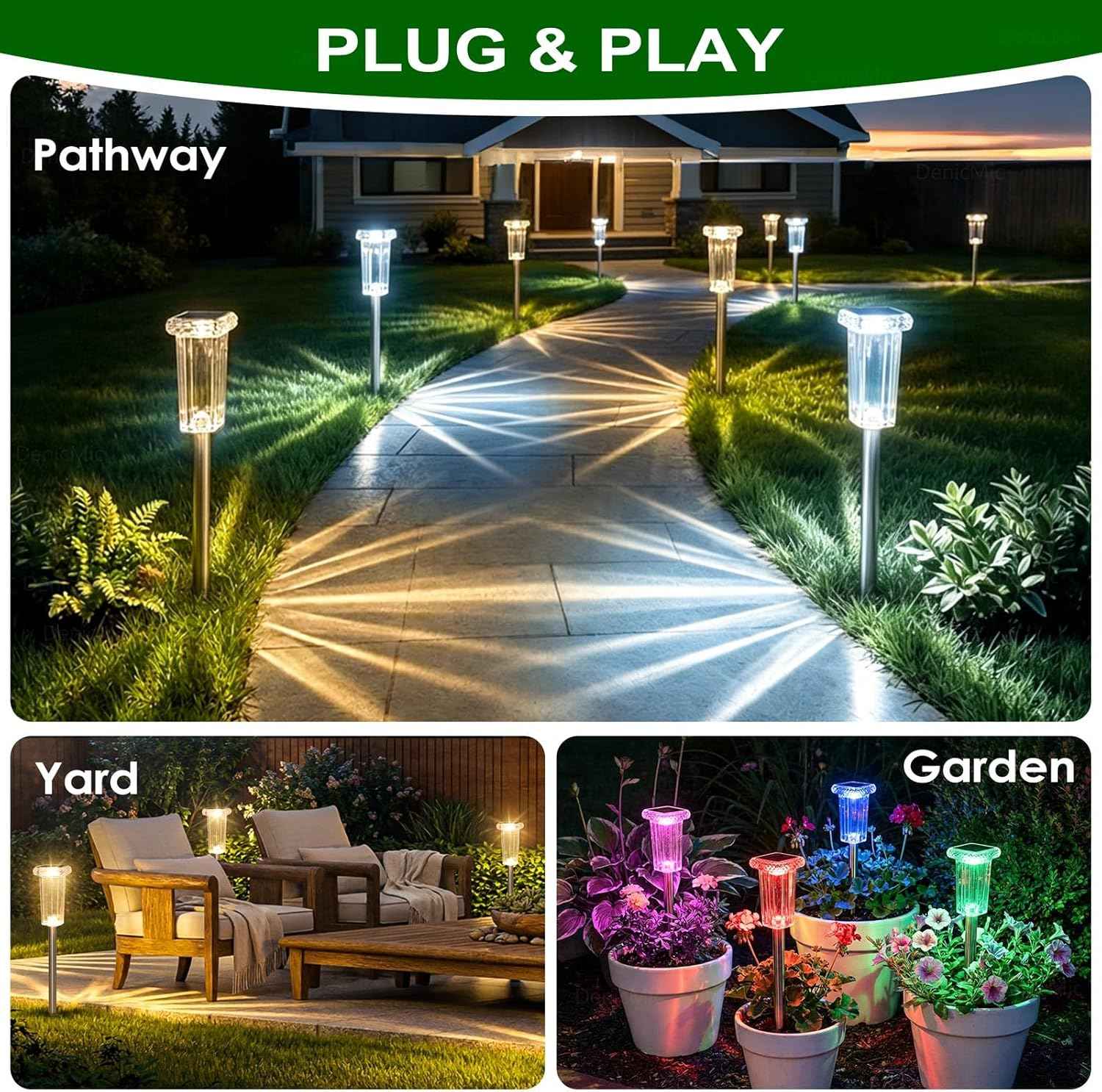 DenicMic Solar Lights Outdoor 4 Pack LED Waterproof Outside Pathway Lights for Yard Garden Walkway Driveway Landscape Path Lighting, Bright LED 3000K/4000K/6000K/6 Fixed Colors/Color Changing
