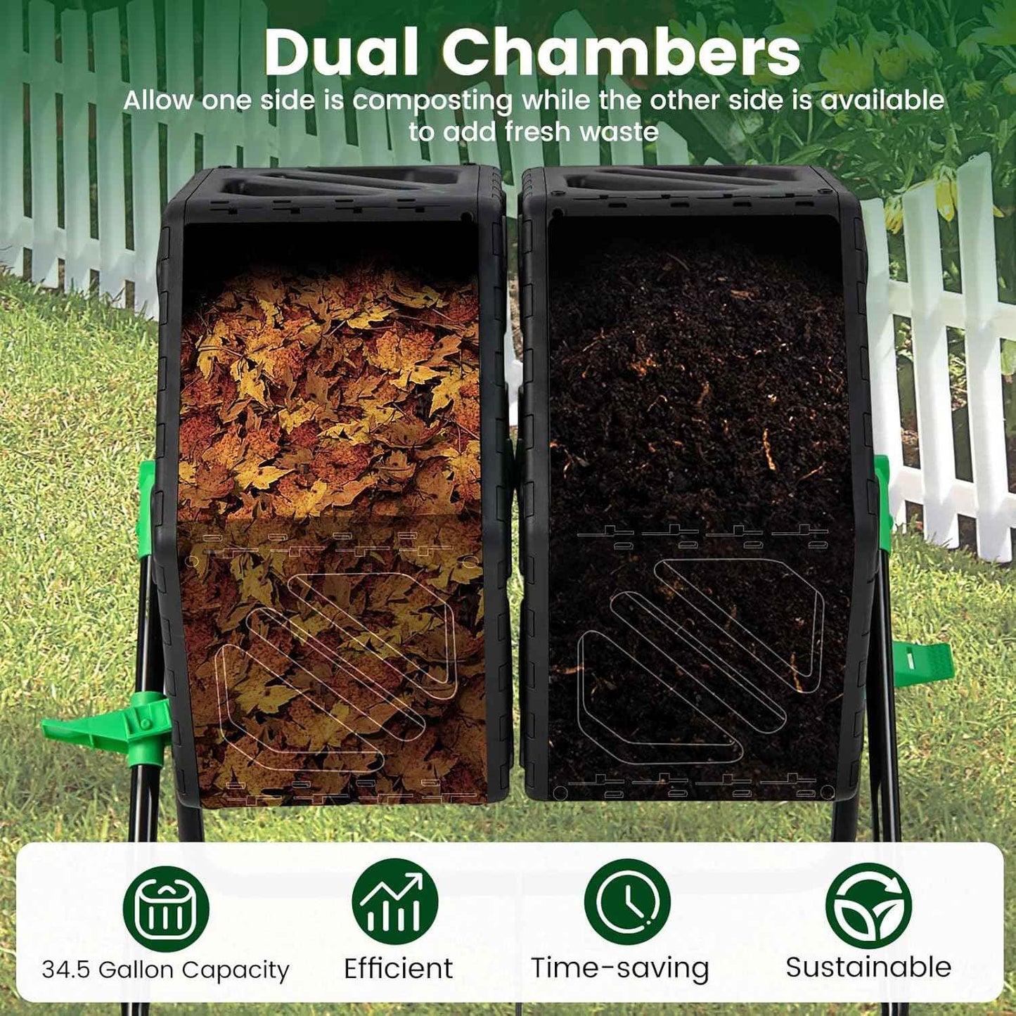Dual Chamber Outdoor Compost Tumbler, Heavy-Duty Rotating Composter with Aeration & 2 Sliding Doors, 34.5 Gallon Composting Bin for Garden Kitchen Yard Waste