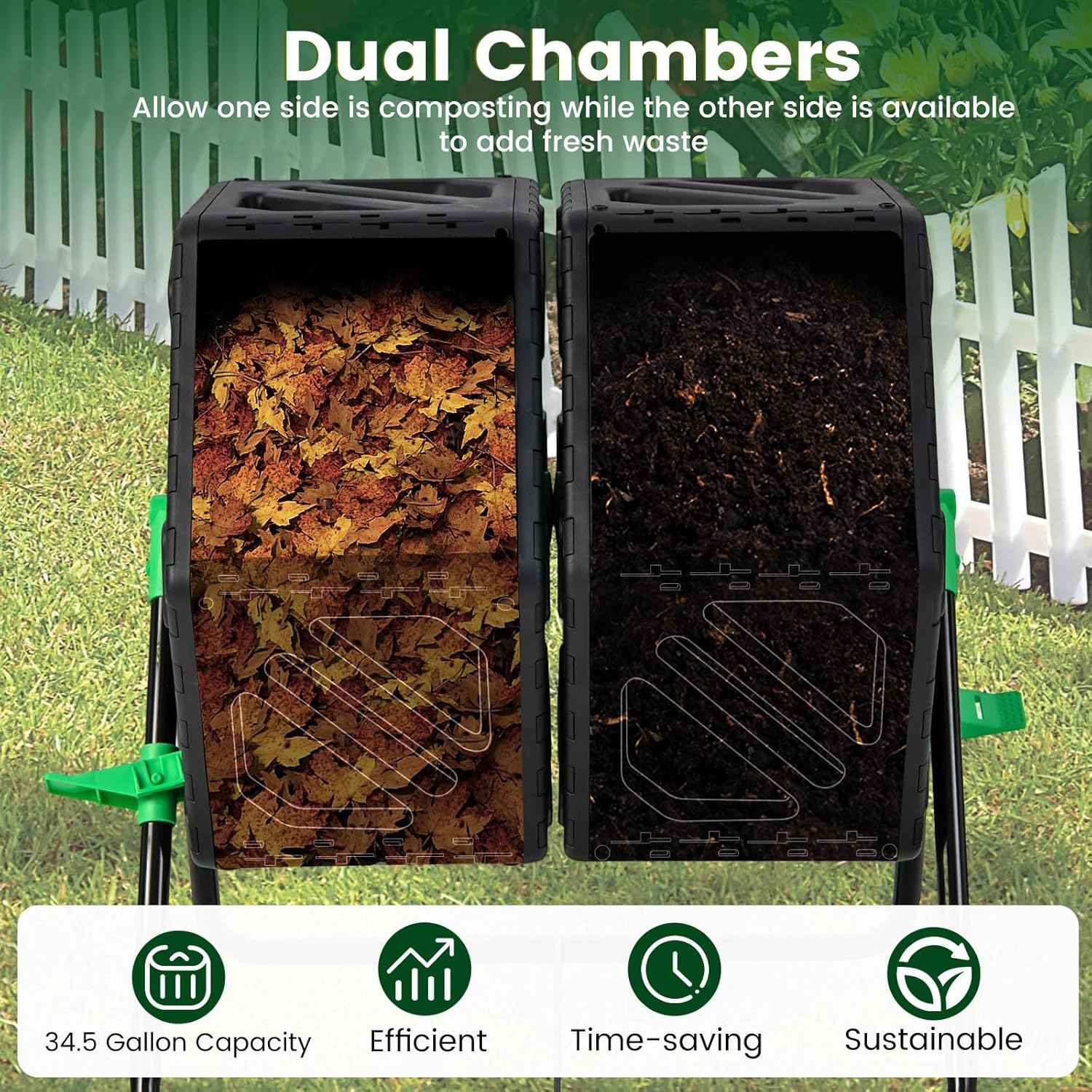 Dual Chamber Outdoor Compost Tumbler, Heavy-Duty Rotating Composter with Aeration & 2 Sliding Doors, 34.5 Gallon Composting Bin for Garden Kitchen Yard Waste