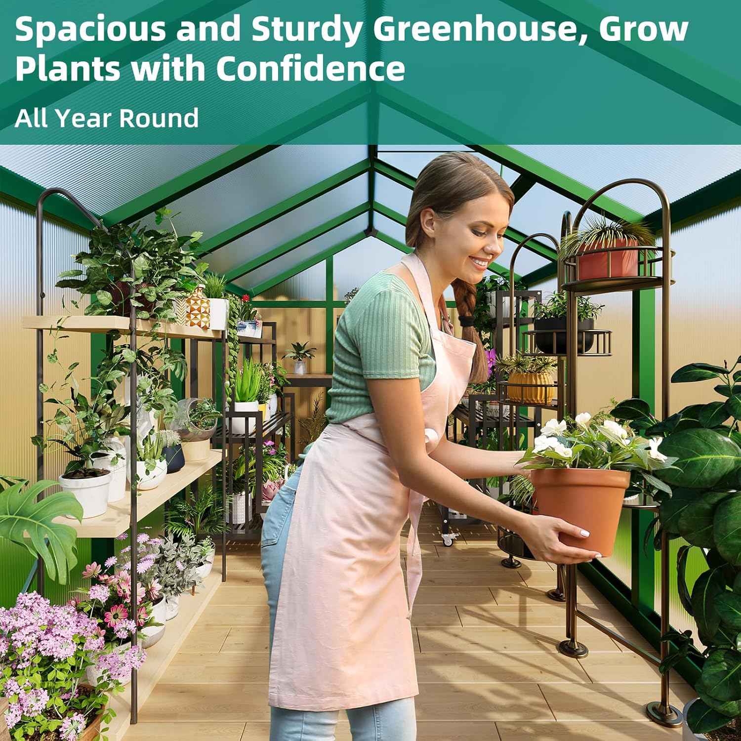 6x10 FT Greenhouse - Large Aluminum Greenhouses for Outdoors, Heavy Duty Polycarbonate Greenhouse with Roof Vent&Ground Nails, Walk-in Green Houses for Garden, Backyard, Patio, Easy Assembly