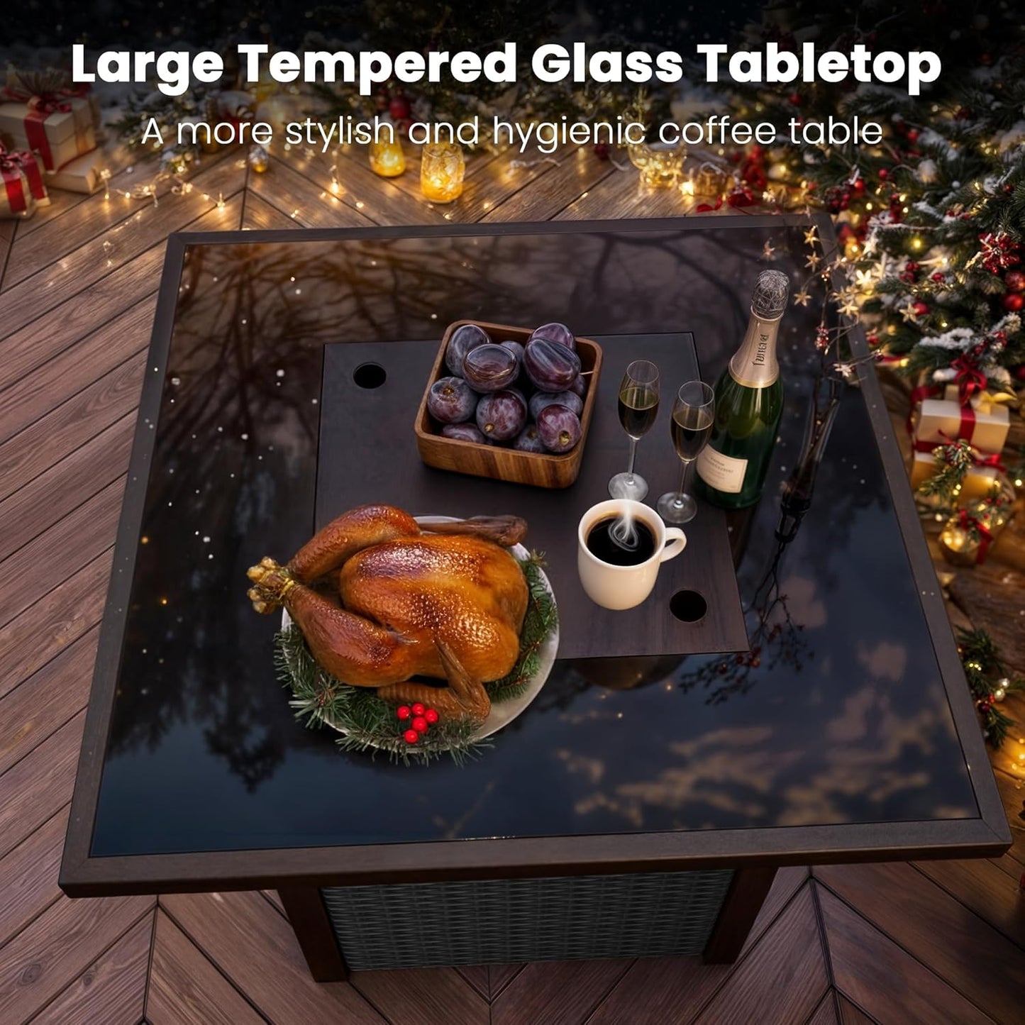 Propane Fire Pit Table, Outdoor Fire Pit Table, 28" Rattan Square Outdoor Gas FirePit with Glass Wind Guard, Tempered Glass Tabletop, Lid, CSA Listed, 50,000 BTU, Outside Patio Deck & Garden, Black