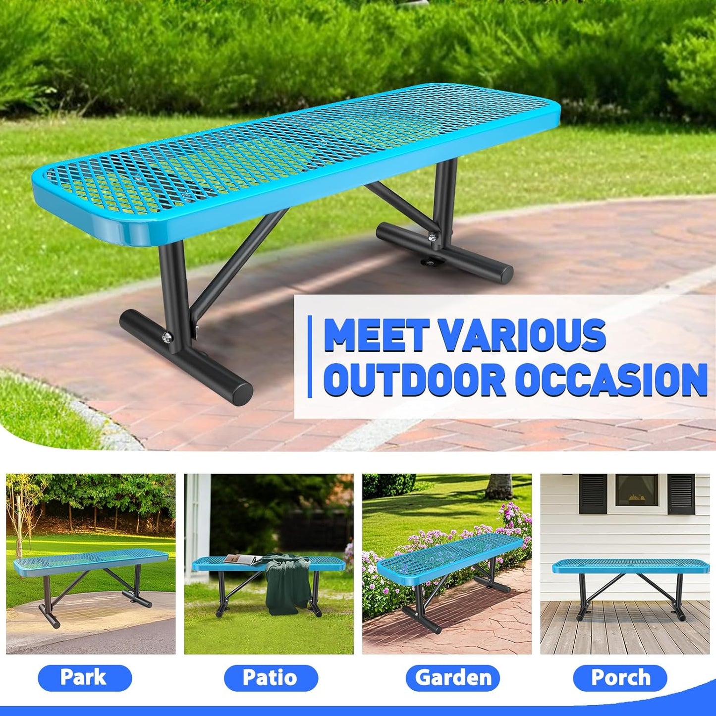 Heavy-Duty Park Bench or Table for Outside - Black Coated Outdoor Furniture Steel Bench, Commercial-Grade Outdoor Benches Weatherproof for Park, Patio, Porch (Blue, 4FT (Without Backrest))