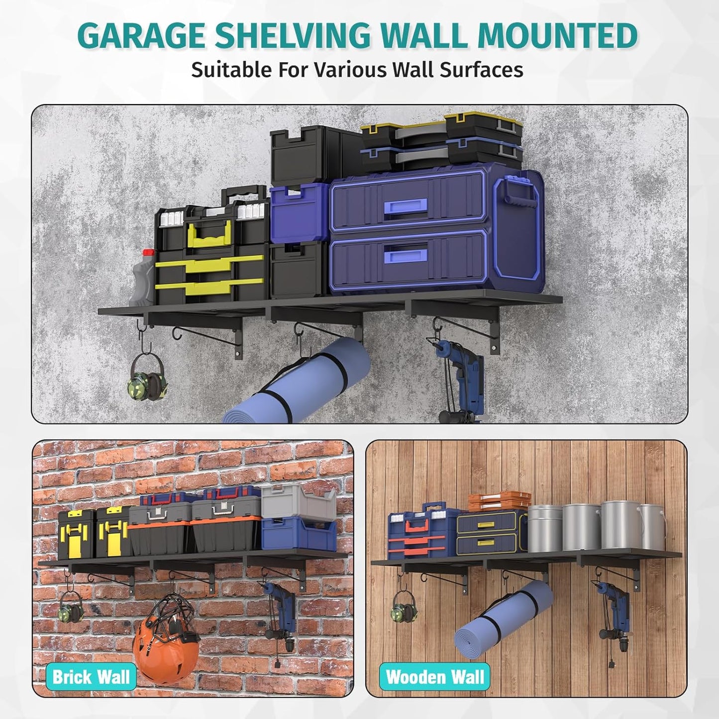 2 Pack Garage Wall Shelving, 46'' x 12.6'' Garage Shelf Wall Mounted, Heavy Duty Storage Shelves 360 LBS Capacity, Floating Storage Rack with 8 Hooks, Metal Shelf Organizer for Basement, Workshop