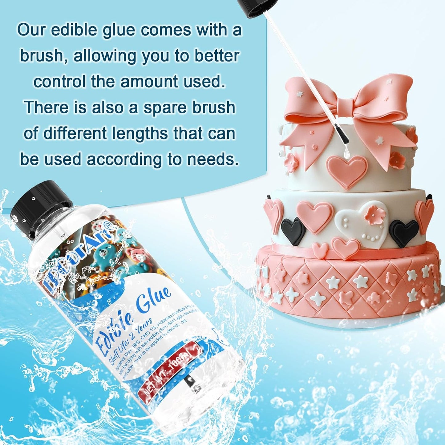 Edible Glue for Cake Decorating - Transparent Edible Flowers Cake Adhesive for Fondant, Cake Decorating, Cookie, Baking, Buttercream Icing - 100ml/3.4 oz