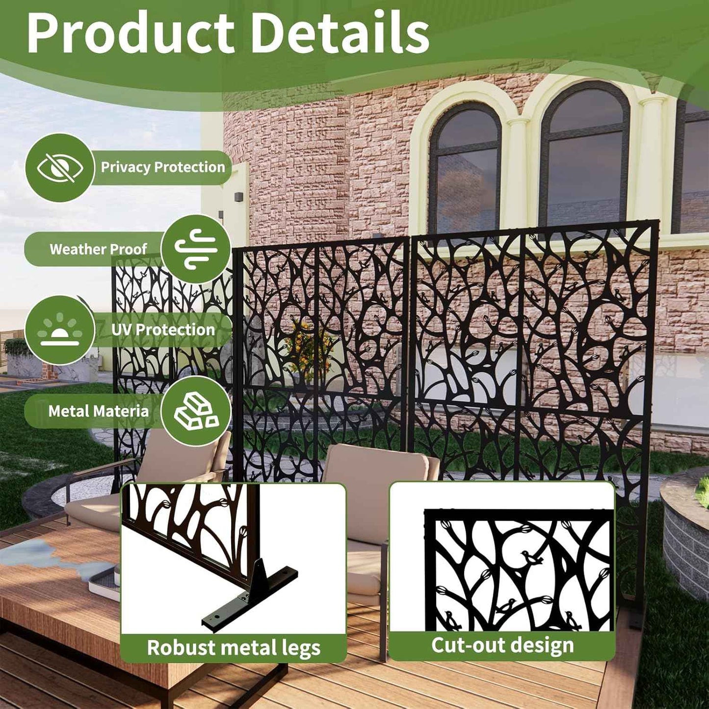 Metal Privacy Screen Outdoor 72" H x 45.3" W, Freestanding Decorative Panel, Privacy Fence for Patio Balcony Garden