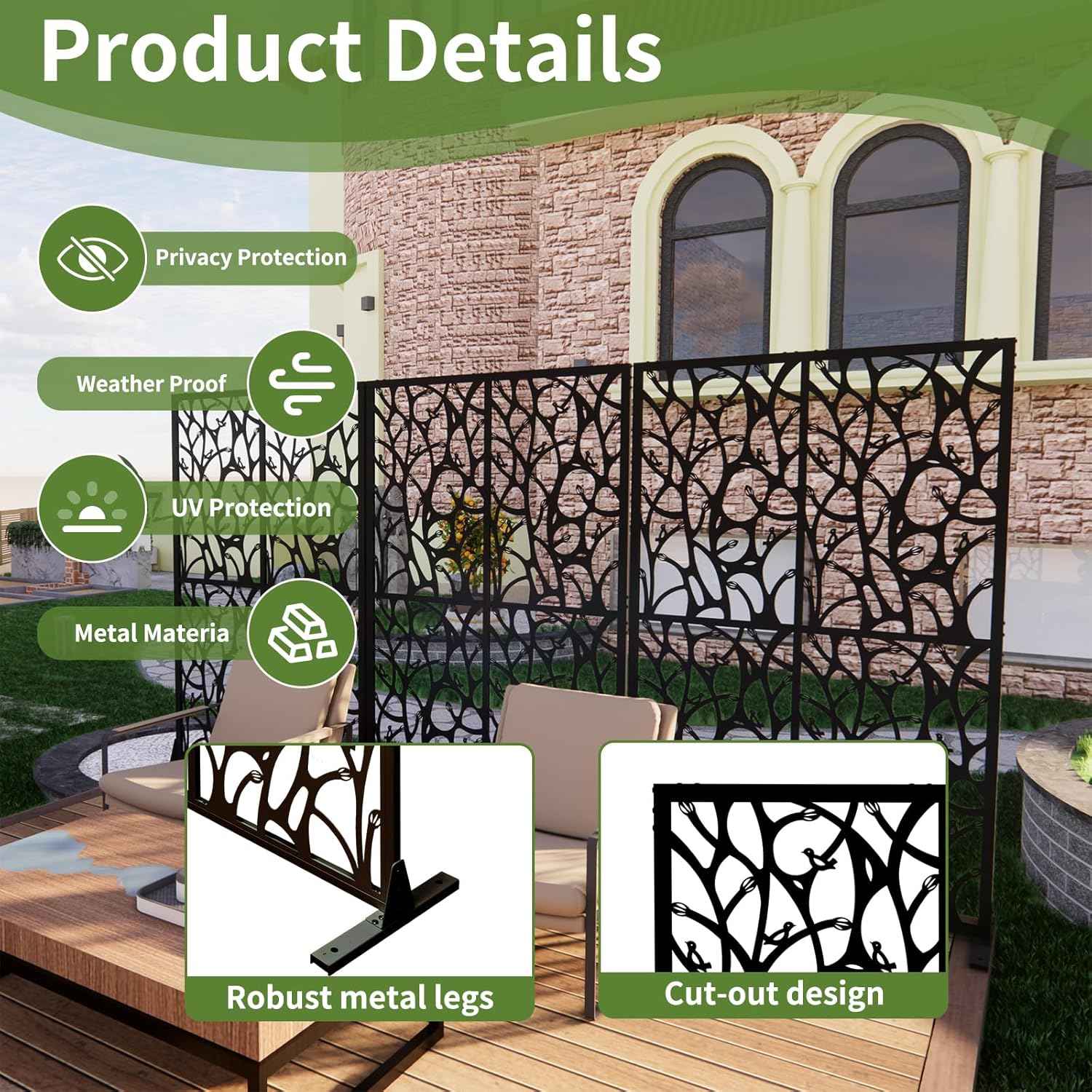 Metal Privacy Screen Outdoor 72" H x 45.3" W, Freestanding Decorative Panel, Privacy Fence for Patio Balcony Garden
