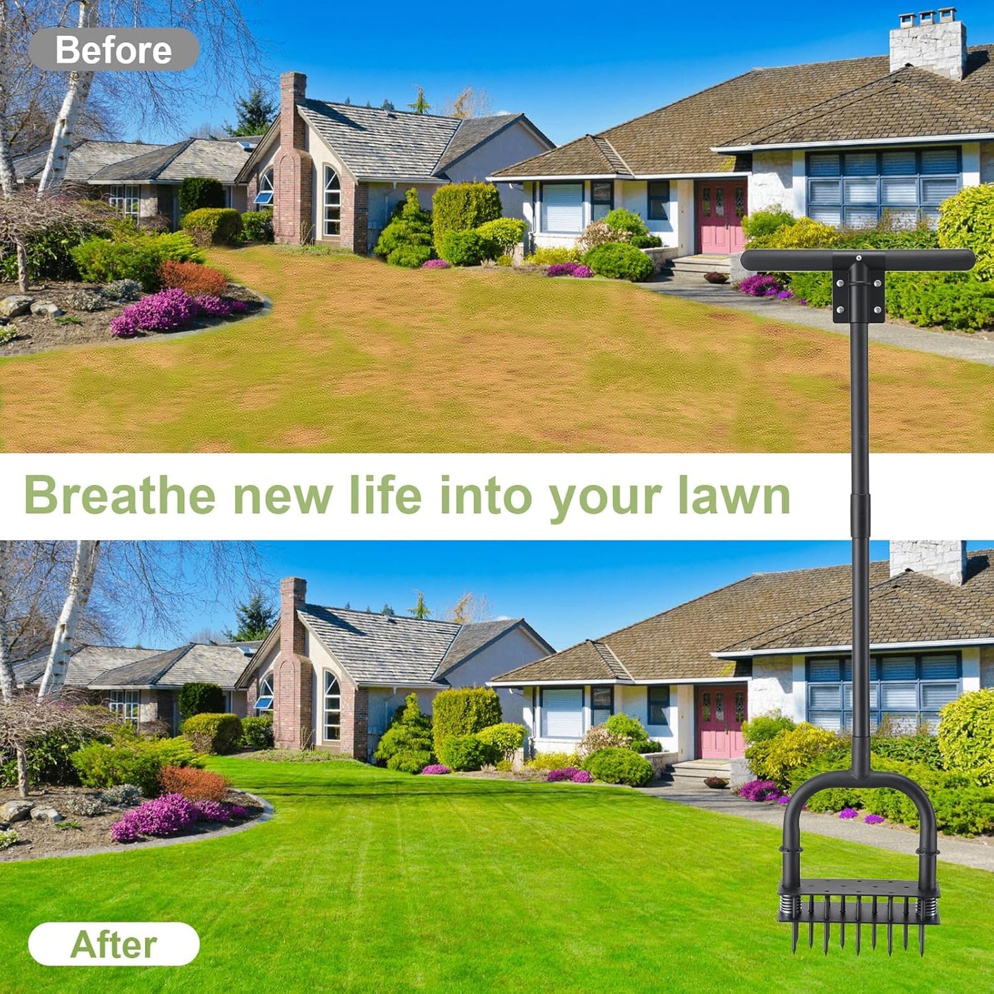 Lawn Aerator,55 inch Long Aerator Lawn Tool,Save Labour Core Aerator with 14 Steel Spikes,Manual Push Grass Aerator for Lawn and Garden,Yard