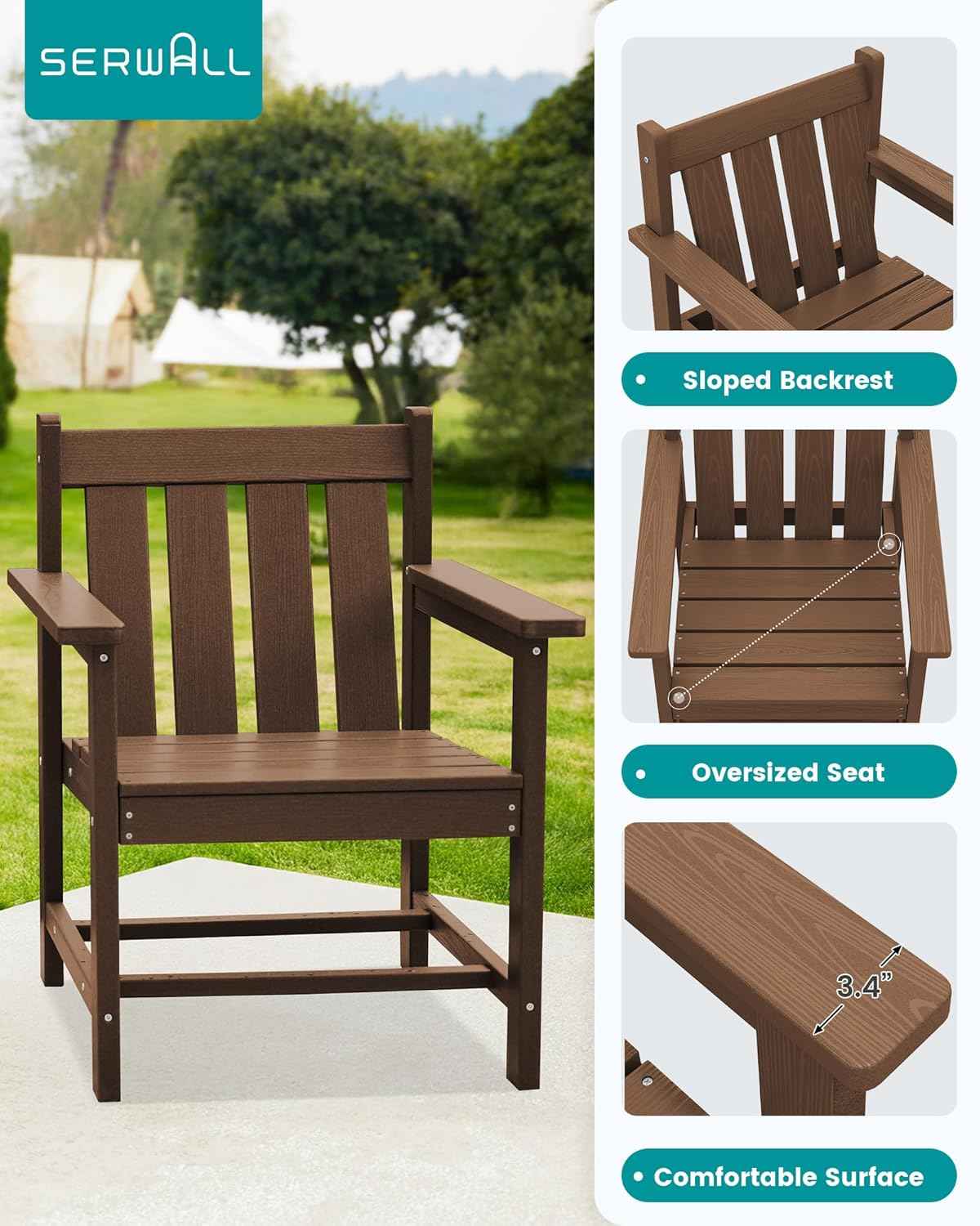 SEWRWALL 3 Pieces Patio Bistro Set, All Weather Adirondack Chair Set with Side Table, HDPE Material Outdoor Patio Furniture Set for Balcony, Porch, Garden, Backyard- Brown