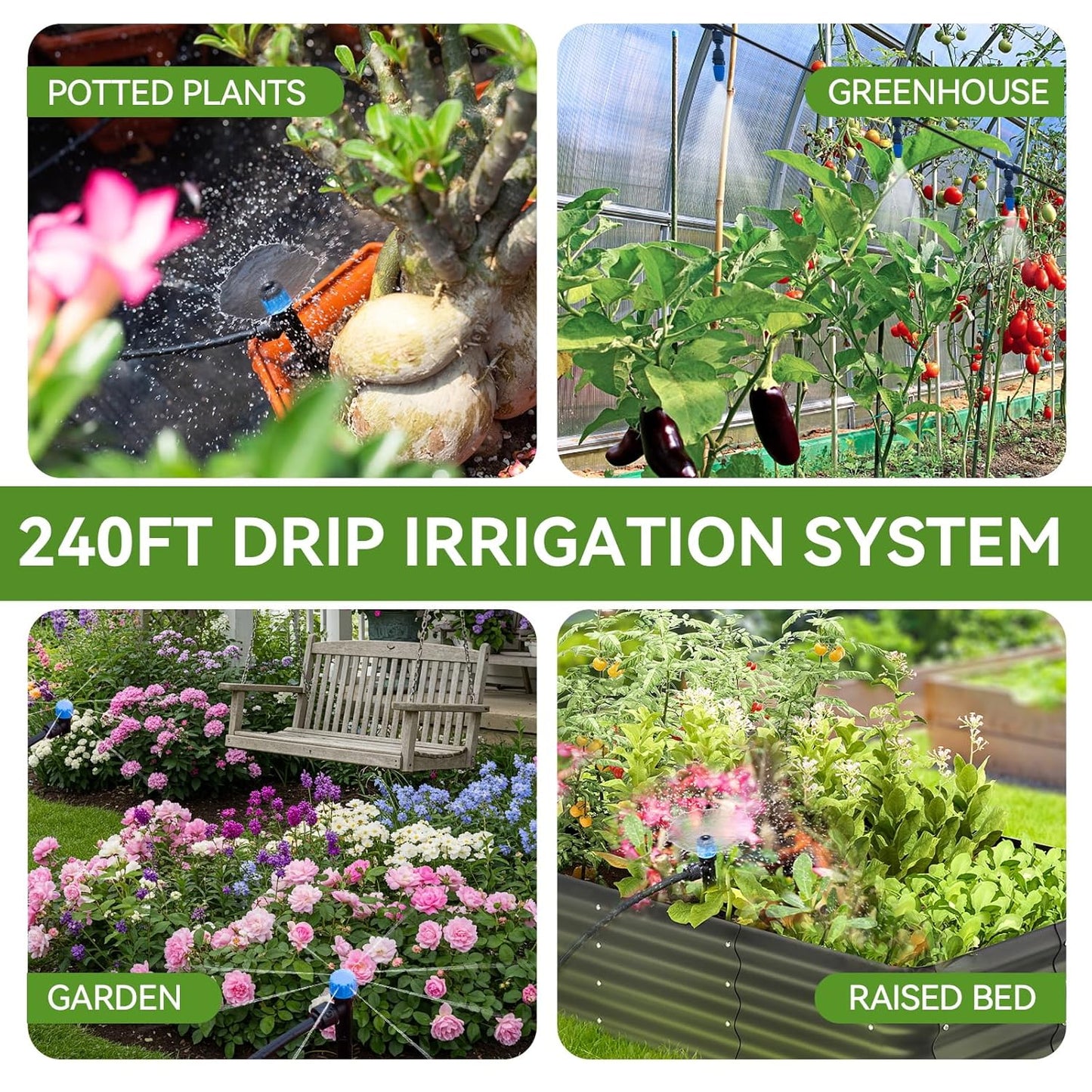 Inntop 240FT Drip Irrigation System Kits, Quick Connect Automatic Garden Watering System for Raised Bed, Potted Plants, Lawn, Greenhouse with 1/2 inch Hose 1/4 inch Tubing and Accessories
