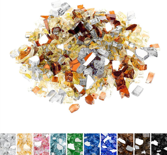 Mr. Fireglass 10 Pounds Blended Reflective Fire Glass for Fire Pit Fireplace and Landscaping, 1/2 Inch Mixed Colored High Luster Fireglass Rocks for Outdoor and Indoor Use Copper+Gold+Platinum