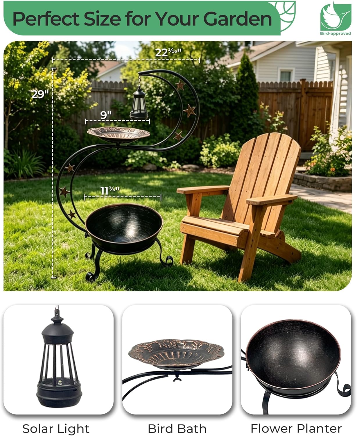 Solar Bird Bath for Outside, Vintage Metal Bath Bowl Standing Birdbaths with Flower Planter for Garden Yard Lawn Decor