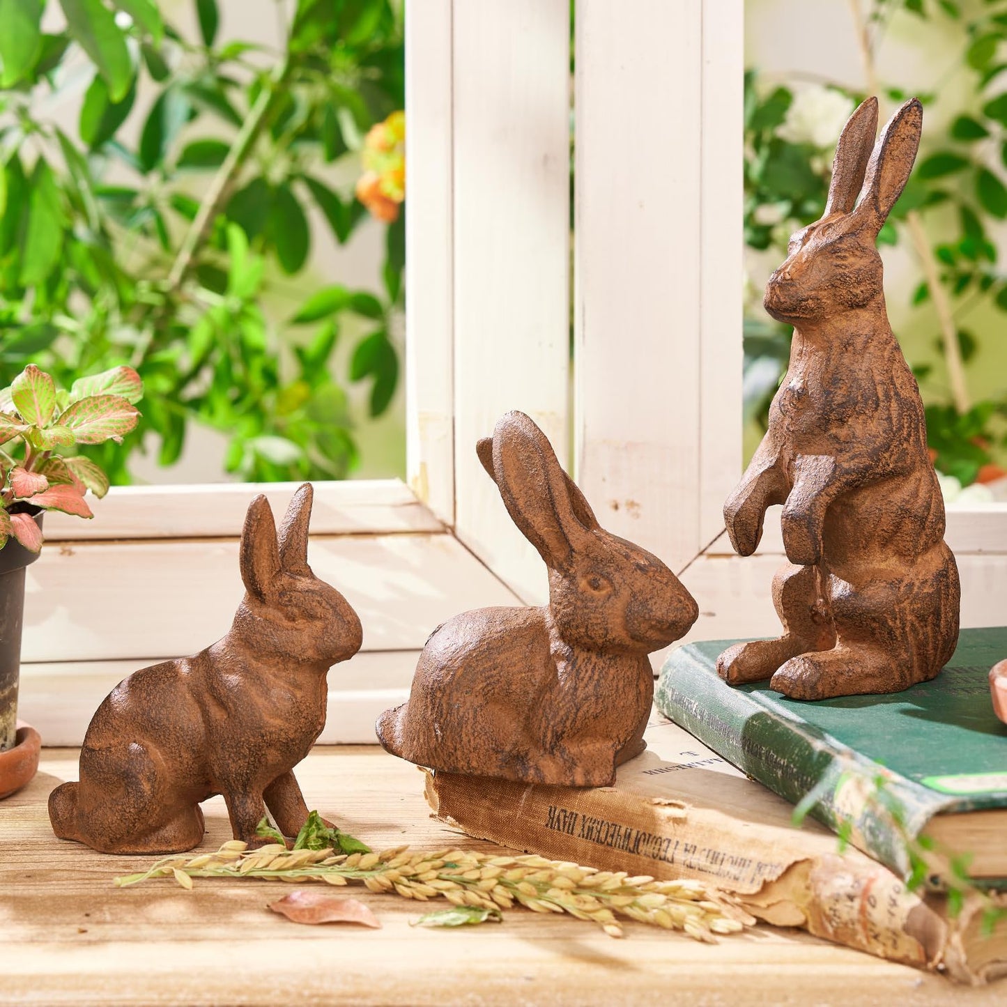 Sungmor Cast Iron Rabbit Statue,Rustic Rust Heavy Duty Animal Collection Sculpture, Paperweight, Doorstop, Adorable Garden Figurine - Standing Rabbit Statue