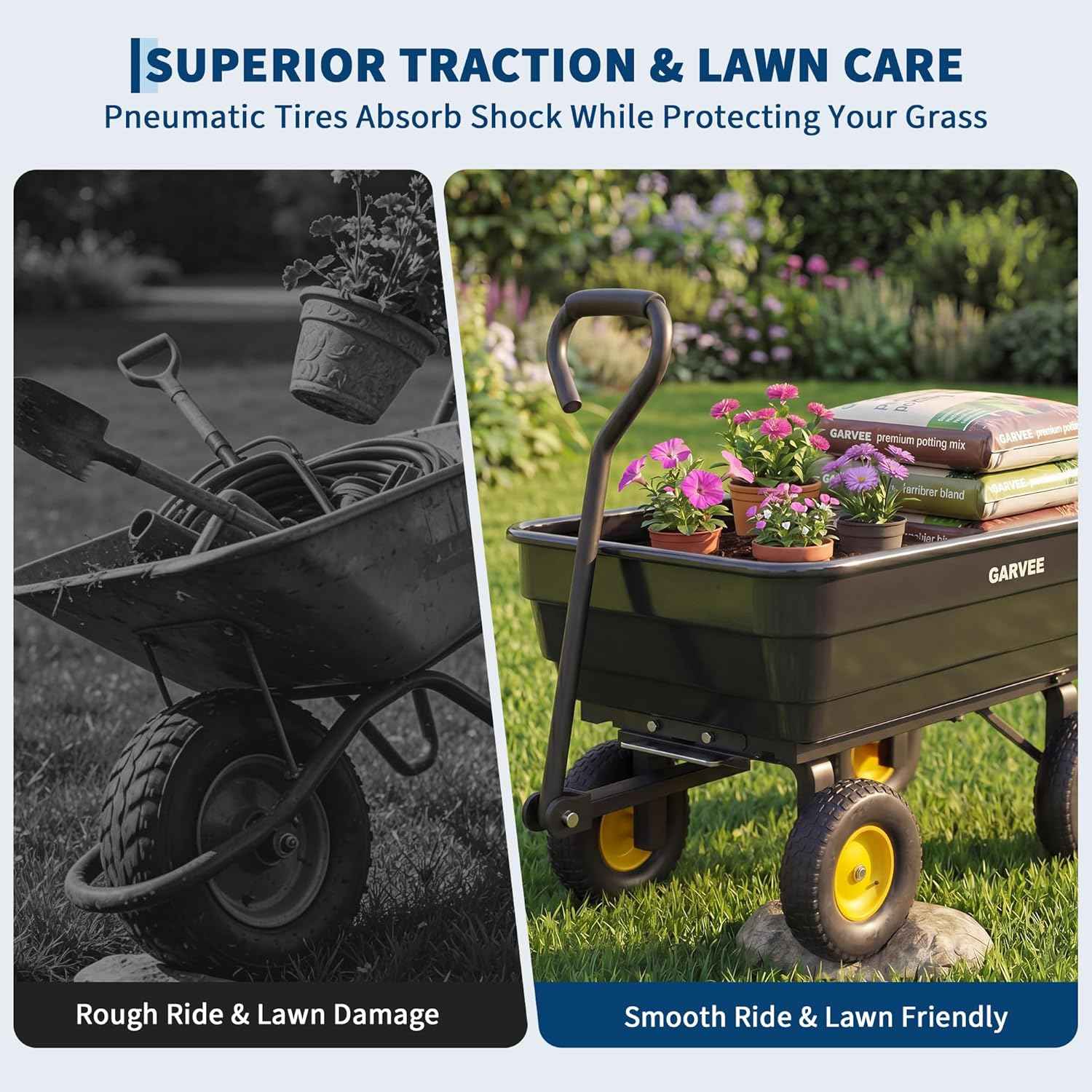 Garvee Poly Garden Dump Cart, Heavy Duty 600lbs Wheelbarrow Yard Cart Dump Wagon with 10”All Terrain Wheels, Garden Utility Wagon with Quick Release System& Convertible Handle Attach to ATV (Black)