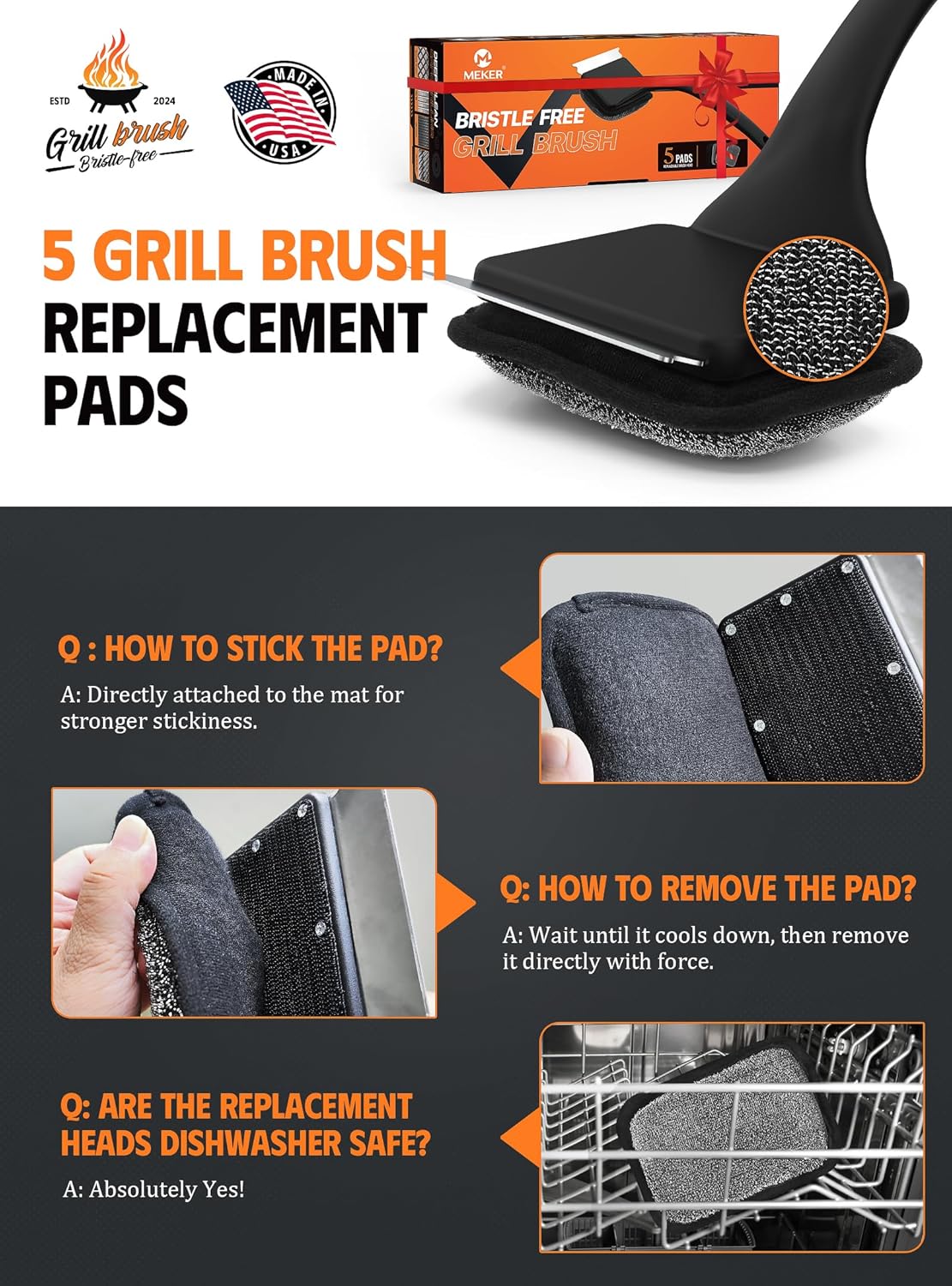 MEKER Grill Brush Bristle Free Replacement Pad, Ultra Safe Cleaning, Grill Cleaner Pad, Grill Brush Replacement Pad, 4 PCS