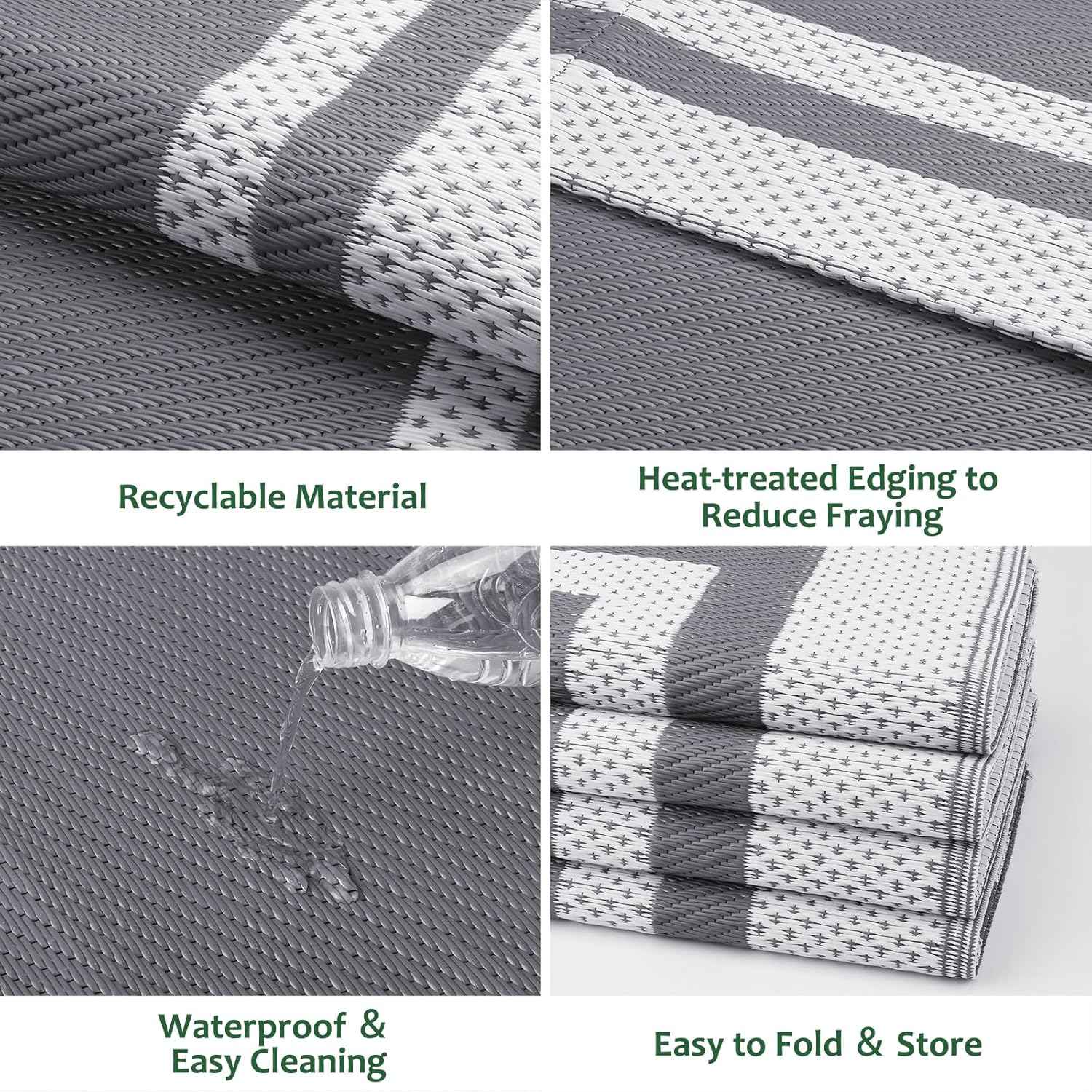 HappyTrends Outdoor Rug Reversible Portable Plastic Straw Camping Rugs for Outside RV,Large Waterproof Outdoor Area Rugs for Patio,Deck,Porch,Balcony(8'x 10',White&Gray)