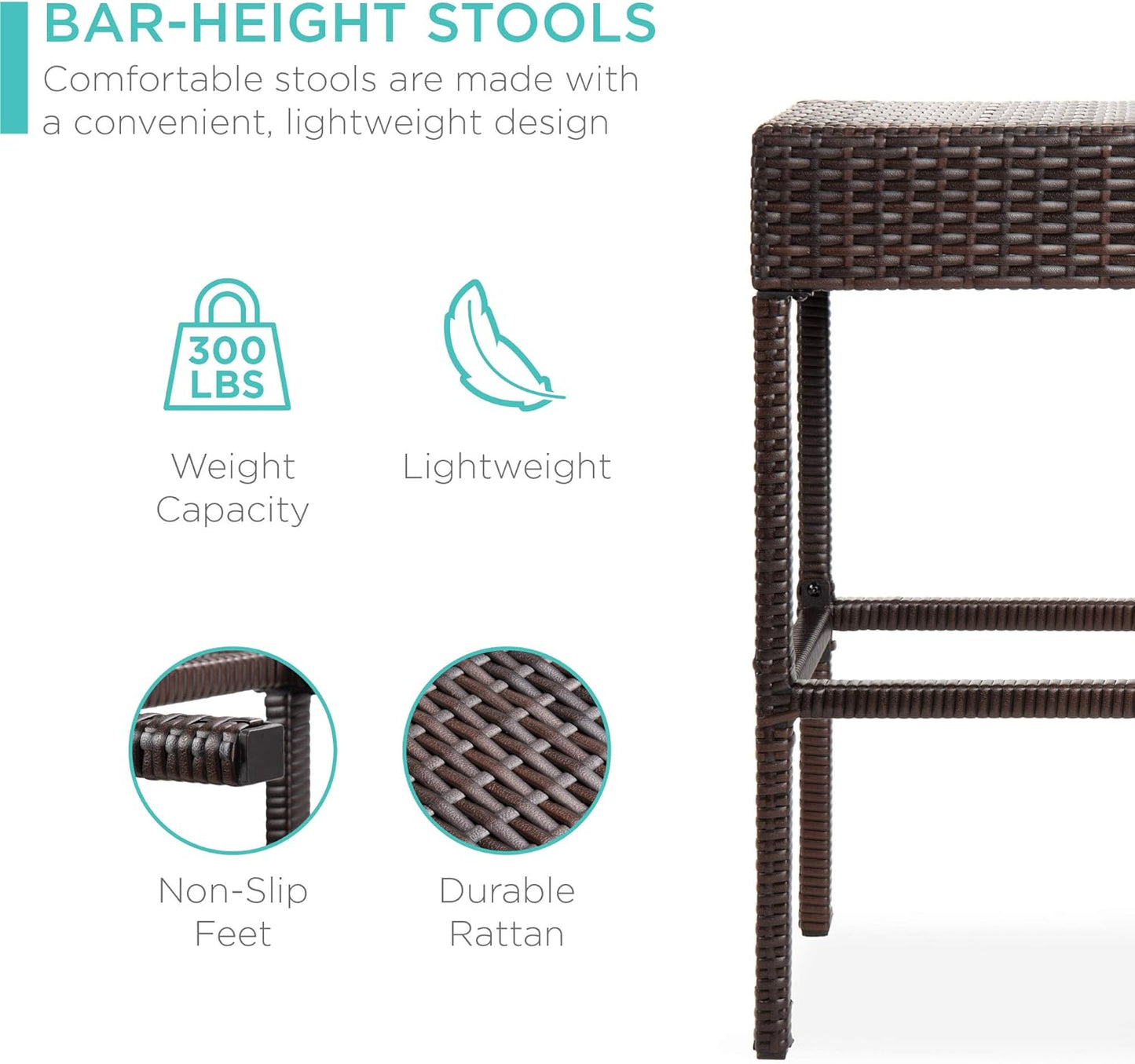 Best Choice Products 5-Piece Outdoor Wicker Bar Table Set for Patio, Poolside, Backyard w/Built-in Bottle Opener, Hidden Storage Shelf, Metal Tabletop, 4 Stools - Brown