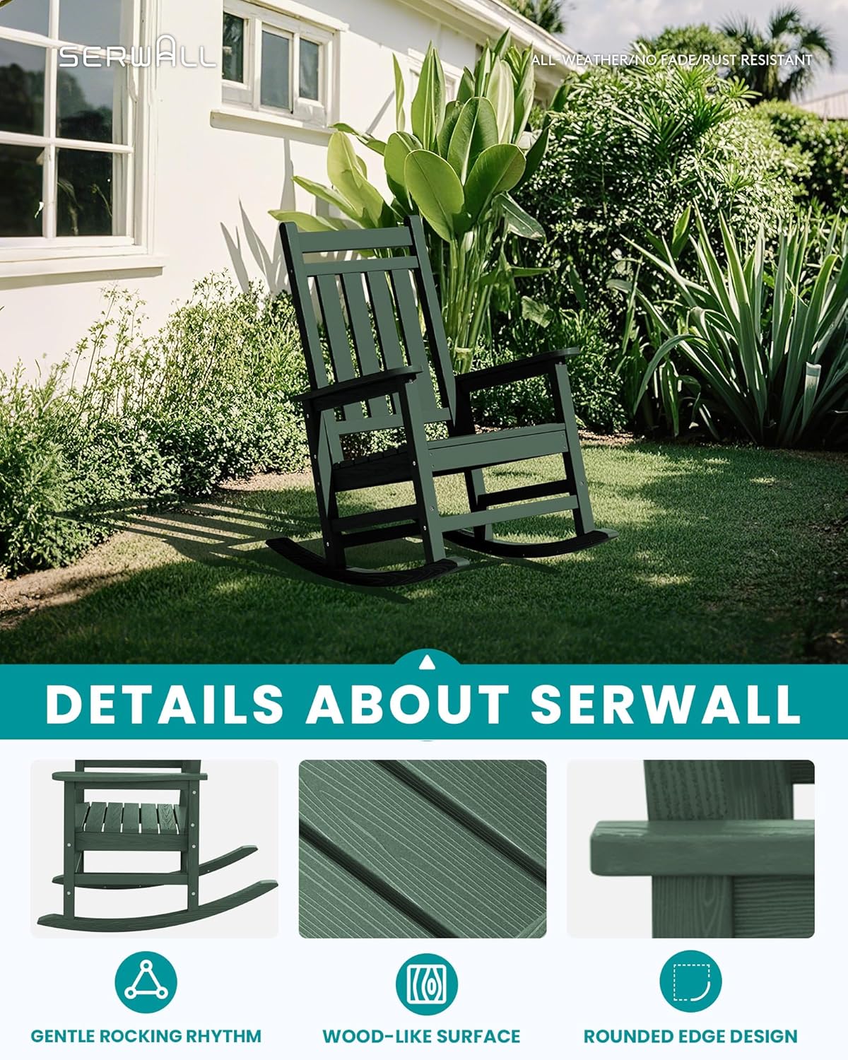 SERWALL Oversized Outdoor Rocking Chair Set of 2, HDPE Rocker for Adults, Patio Rocking Chairs for Porch, Green