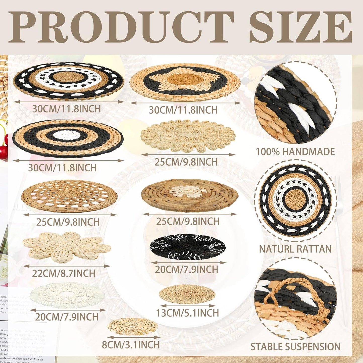 Tatuo 11 Pcs Boho Wall Basket Decor Decorative Bulrush Woven Basket Wall Decor Art Round Farmhouse Hanging Baskets for Kitchen Rustic Home Summer Decorations, Multi Sizes(Retro)