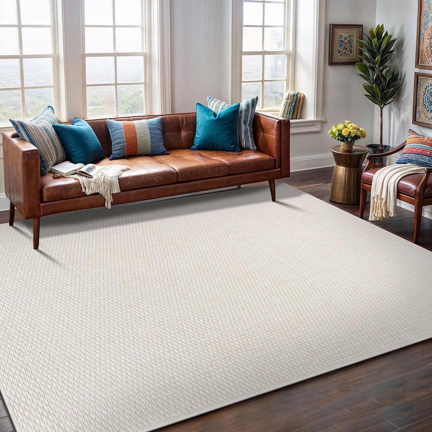 Easy Jute Rug 9x12 Indoor Outdoor Natural Rugs Solid Fiber Rug Woven Area Rug Boho Easy Clean Inside Carpet for Living Room Bedroom Dining Room Hallway or Outdoor Patio Porch (9 X 12 Bone)