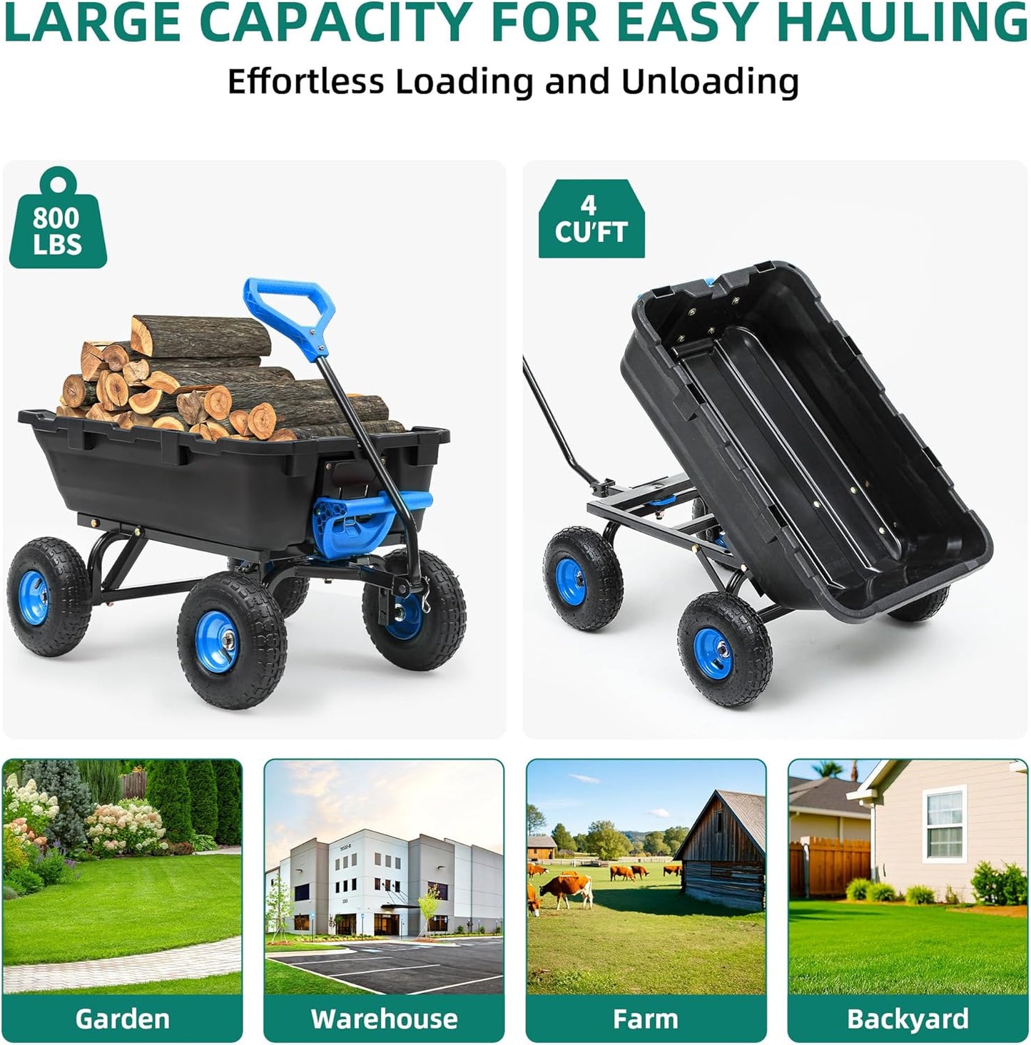 800lb Garden Dump Cart,Utility Wagon Wheelbarrows with Quick-Release System&4 Pneumatic Tires,Heavy Duty Yard Dump Wagon with Steel Frame for Yard, Farm, Gardenand Halloween Hauling (Blue)