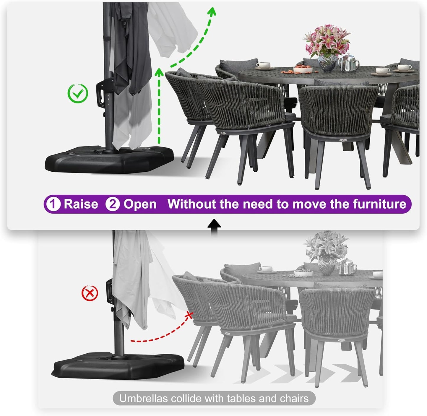 PURPLE LEAF 11.5' X 11.5' Telescopic Patio Umbrella Outdoor Cantilever Umbrella Square Up Down Lifting Offset Umbrella with 360-degree Rotation for Garden Deck Pool Patio Grey