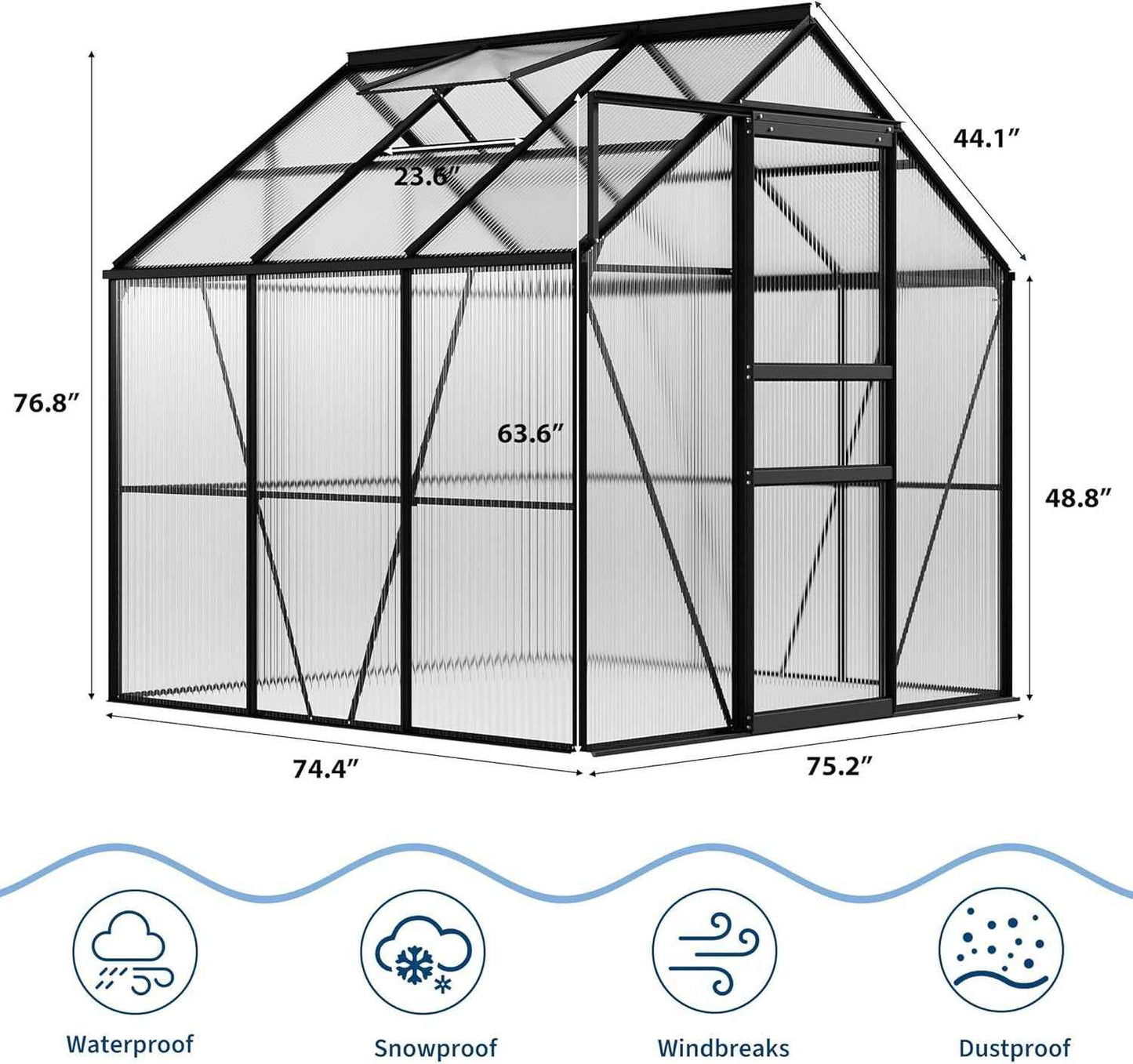 IDEALHOUSE 6x6 ft Polycarbonate Greenhouse with Adjustable Roof Vent, Walk-in Greenhouse for Outdoor Garden Backyard, Heavy Duty Aluminum Frame, 720g/M² PC Panels, Black
