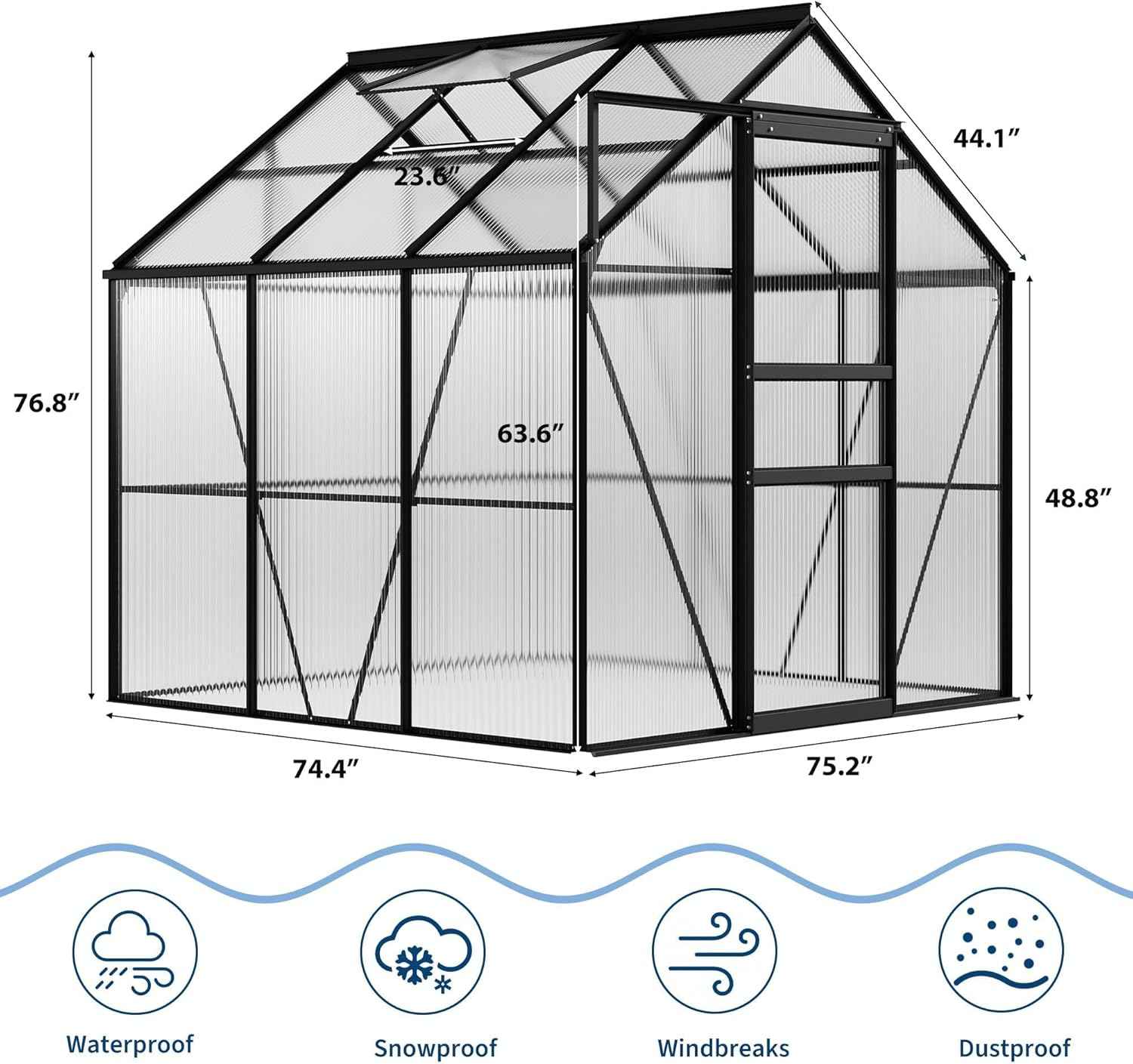 IDEALHOUSE 6x6 ft Polycarbonate Greenhouse with Adjustable Roof Vent, Walk-in Greenhouse for Outdoor Garden Backyard, Heavy Duty Aluminum Frame, 720g/M² PC Panels, Black