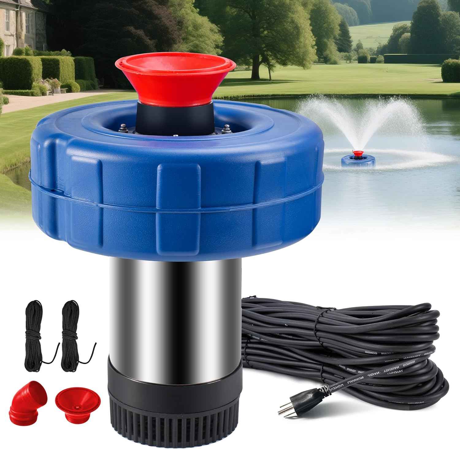 Pond Fountain Aerator-15000 GPH Fully Automatic Powerful Lake Floating Fountain, 1HP/750W 110V, 100ft power cord, 2 * 100ft guide ropes, Suitable For Ponds And Landscape Fountains (Stainless steel)