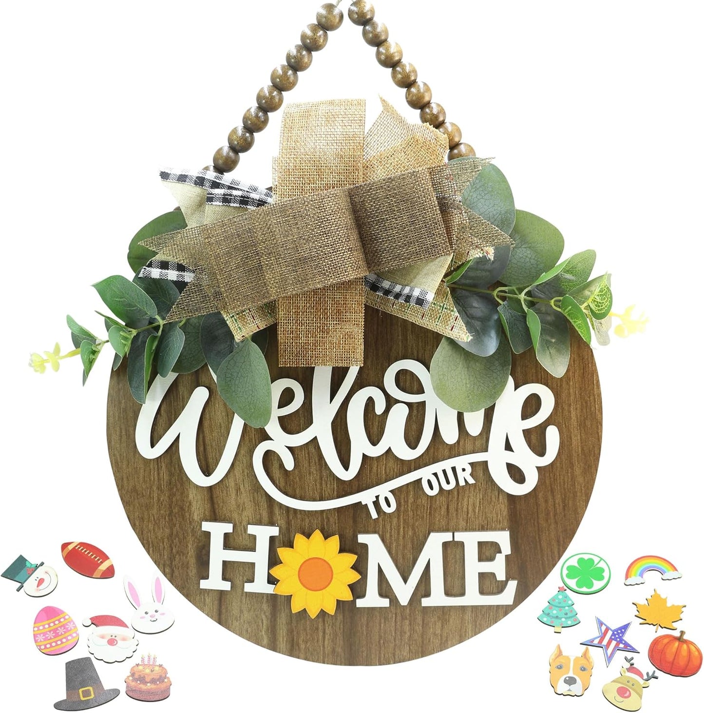 interchangeable 3D Welcome Sign for Front Door |Home/Farmhouse Porch Décor Wooden Hanging Sign with Artificial Leaves and Rustic Beads | Christmas Classroom |12" Round