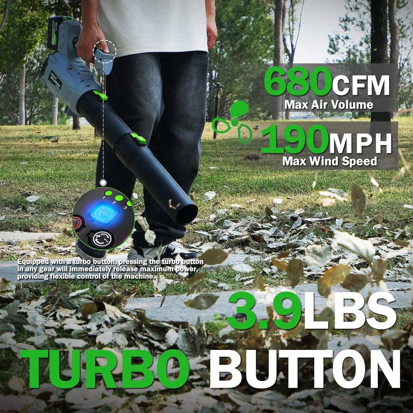 Leaf Blower Cordless,2 x 21V 6.0Ah Battery and Charger, with 680CFM 190MPH Electric Cordless Leaf Blower, 3-Variable Speed & Turbo Mode, Blowers for Lawn Care (5002)-F (Grey)