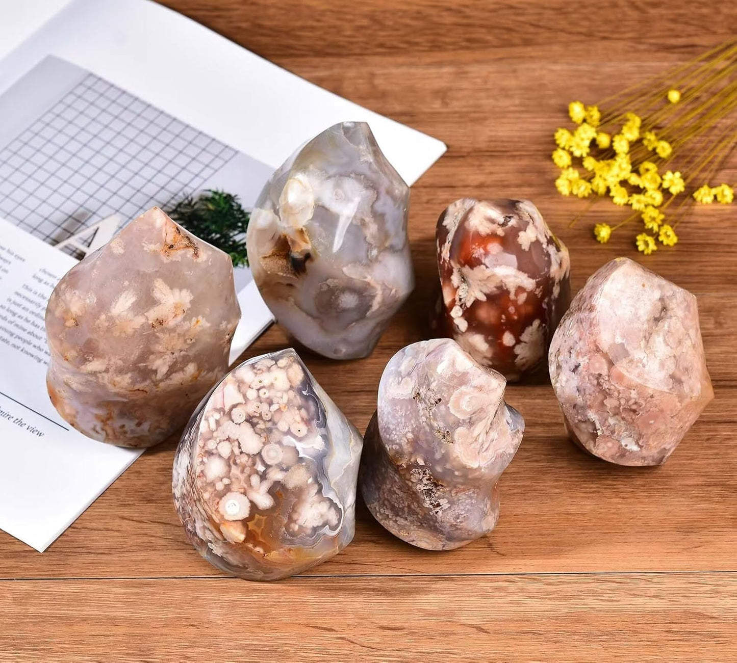 AMOYSTONE Cherry Blossom Agate Flame Shaped Stone Towers Obelisk Flower Agate Natural Healing Crystal Quartz Reiki Energy Decoration Home Office Small 1.0LBS