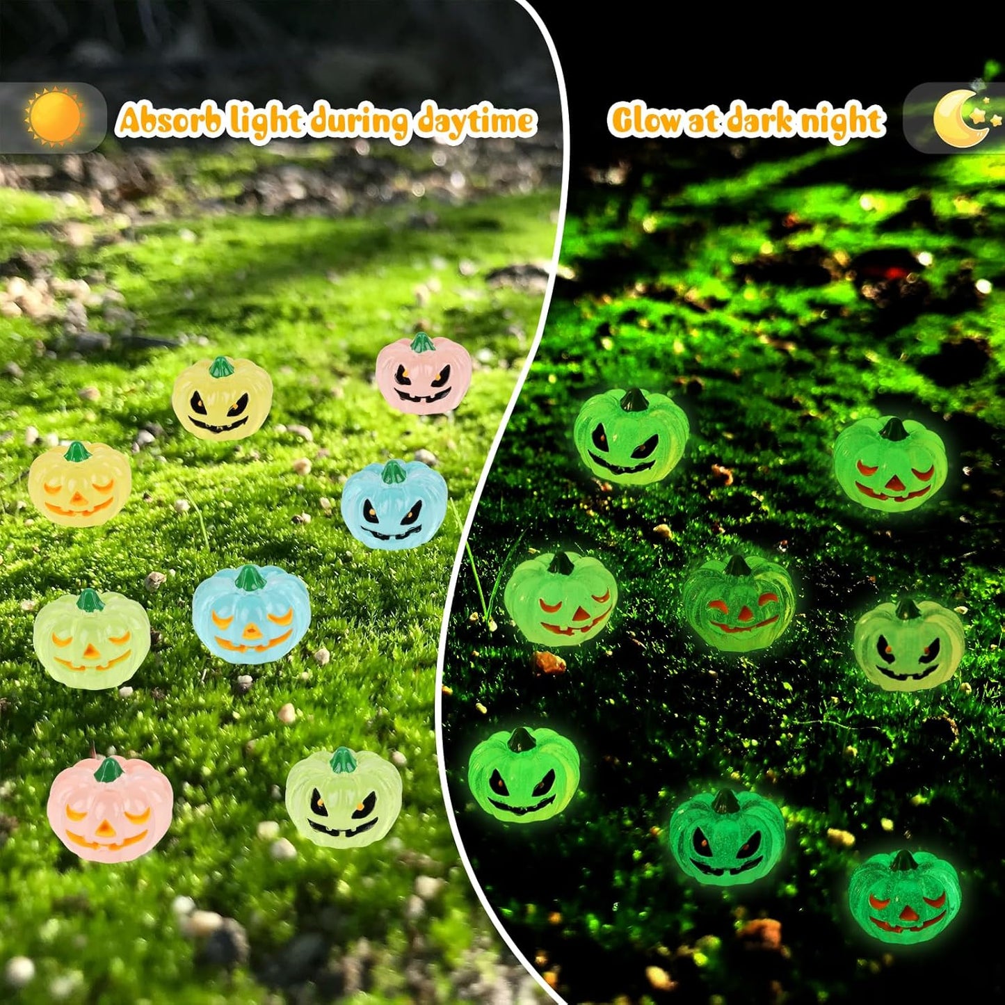 STEFORD 56 Pcs Luminous Resin Pumpkins, Halloween Miniature Figurines Glow in The Dark Mini Tiny Plastic Fake Pumpkin Bulk for Decorating Outside Outdoor DIY Crafts Home Fairy Garden Dollhouse Decor