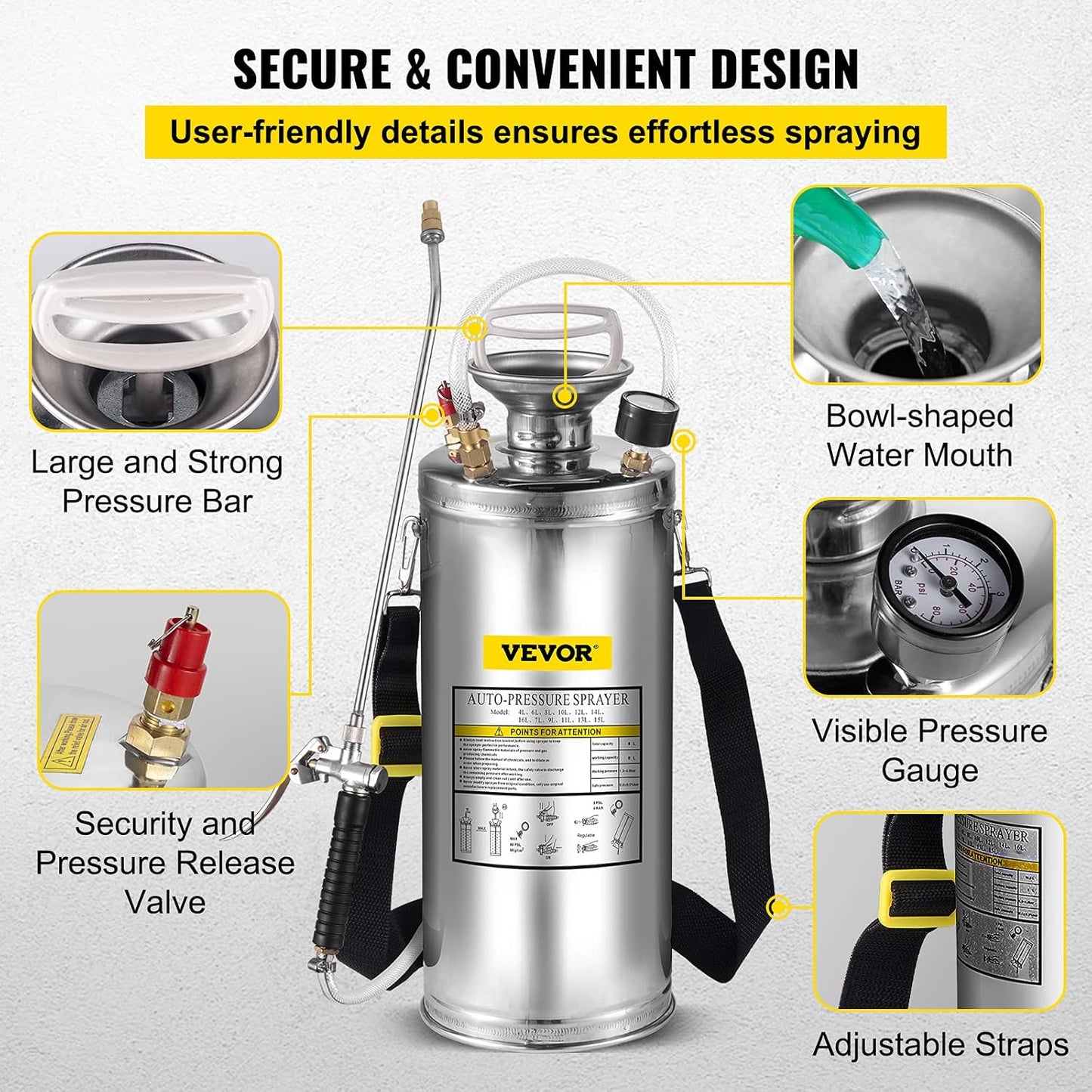 Happybuy 2 Gallon Stainless Steel Sprayer, 20" Wand & 3FT Reinforced Hose, Hand Pump Sprayer with Pressure Gauge, Safety Valve & Adjustable Nozzle, Weed Sprayers for Lawn, Gardening &Sanitizing1