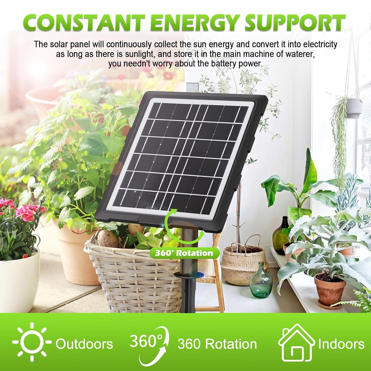 Solar Powered Dual Pump Drip Irrigation Kit for Outdoor Indoor Plants, 2-Zone Smart Self-Watering System with USB Charging, Automatic Plant Waterer for Garden Patio Balcony Vacation
