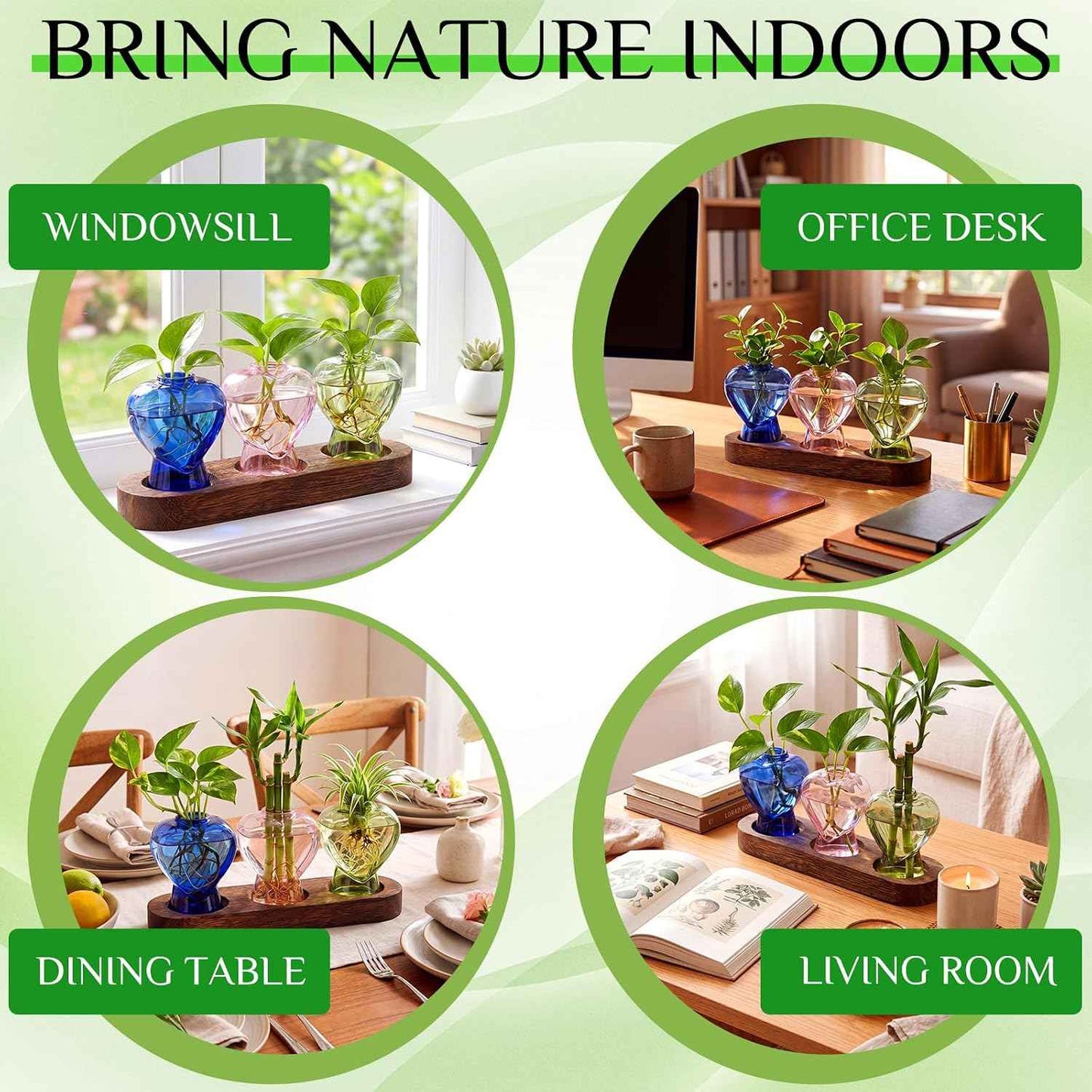 Zhehao 3 Pcs Plant Propagation Stations with Wooden Stand Heart Shaped Propagation Vases for Indoor Plants Home Office Desk Decor Gardening Gifts for Women Mom Birthday Gifts for Plants Lovers