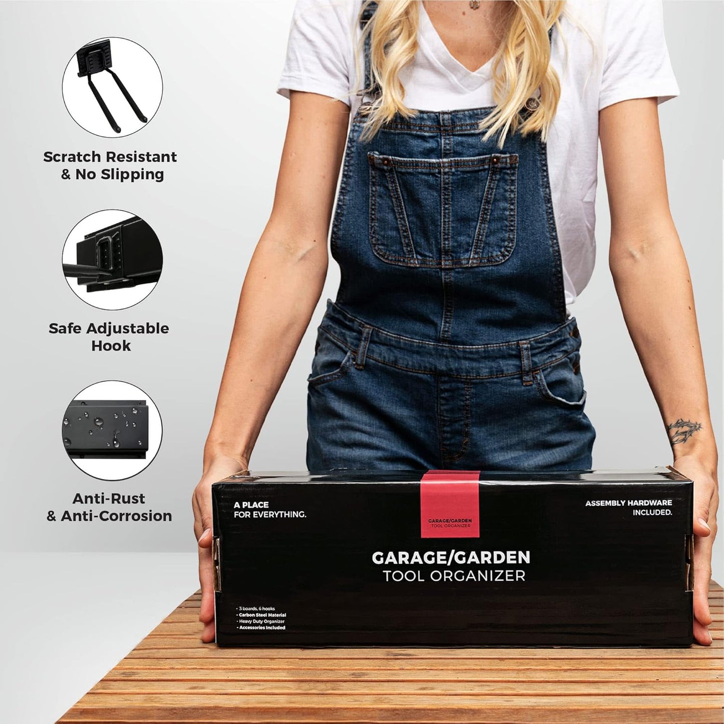 Heavy-Duty Garage Wall Storage System | Wall Mounted Tool Organizer Rack with Shelving | 12-Piece Mounting Kit | 6x10” Double-Layered Hooks & 2x24” Floating Utility Shelves