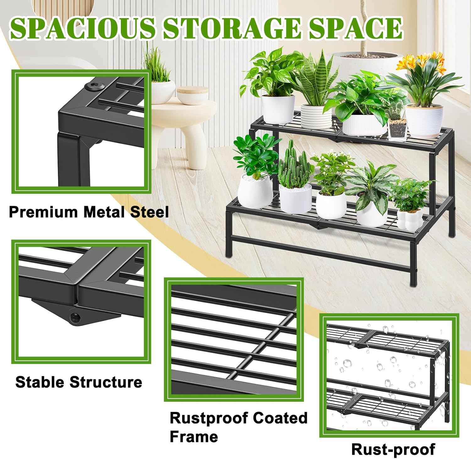 2 Tier Plant Stand Indoor Outdoor, Heavy Duty Metal Tall Plant Shelf for Multiple Flower Planter Holder, Ladder Pot Display Rack for Patio Garden Corner Balcony Living Room (Black)