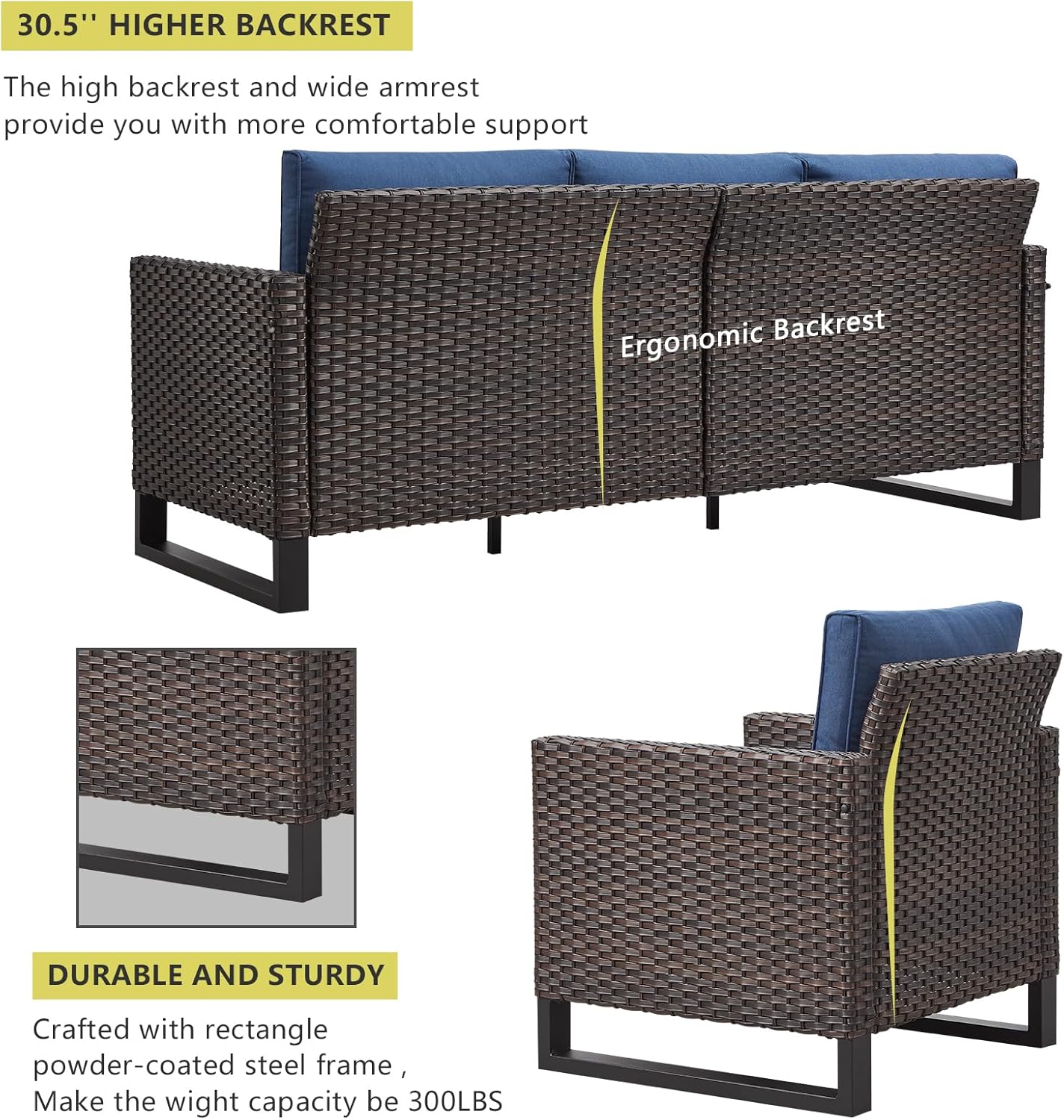 HUMMUH 9 Piece Patio Furniture Set PE Wicker Outdoor Sectional Sofa and Patio Swivel Chairs Outdoor Chairs Storage Box Ottomans for Porch,Garden,Backyard,Deck(Brown/Blue)