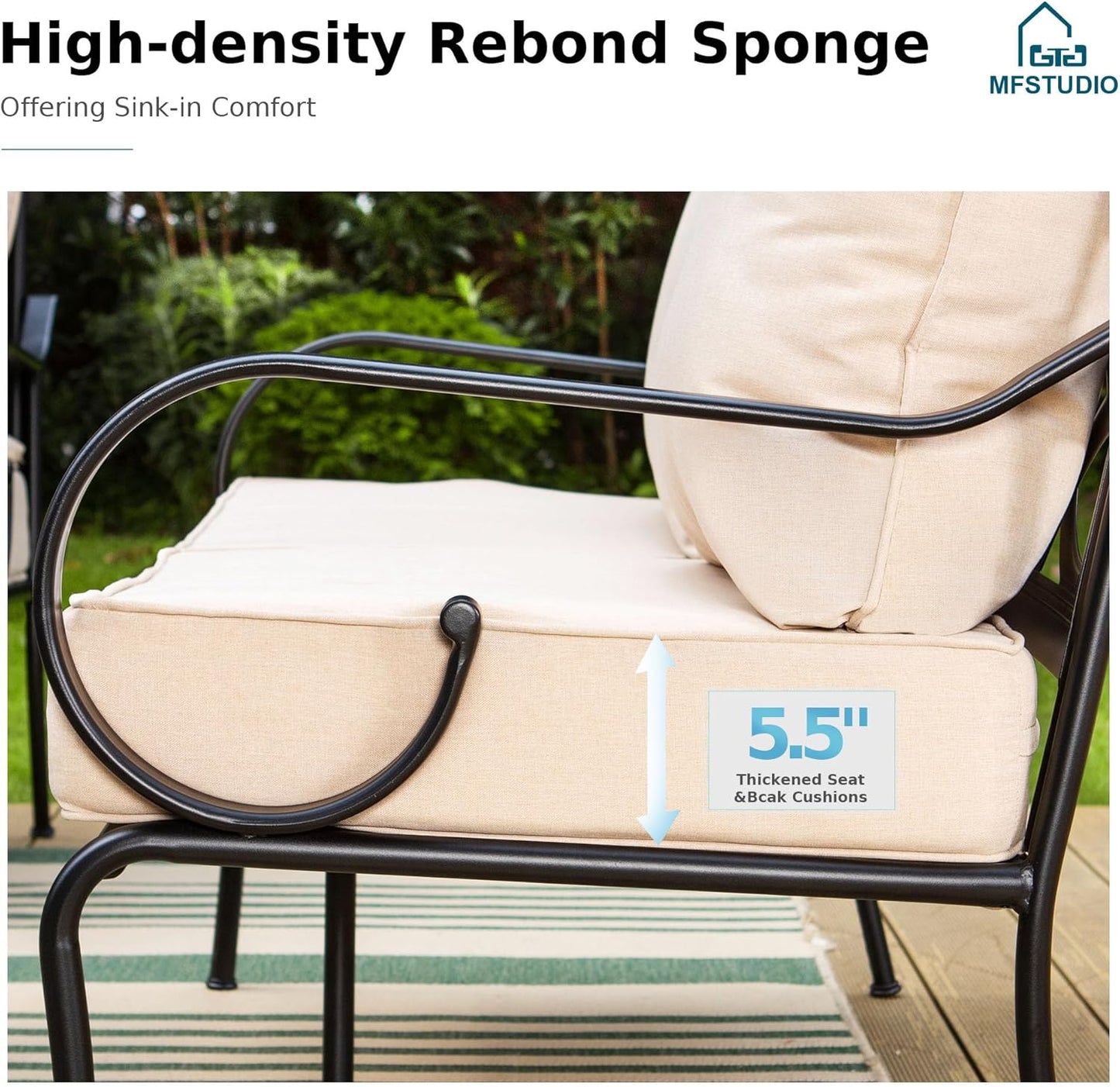 MFSTUDIO 5 Seats Large Metal Patio Conversation Sets, 4 Pieces Outdoor Sectional Furniture Sofa with 2 x Swivel Chairs, 1 x 3-seat Sofa and 1 x 45 inches Rectangular Propane Fire Pit Table